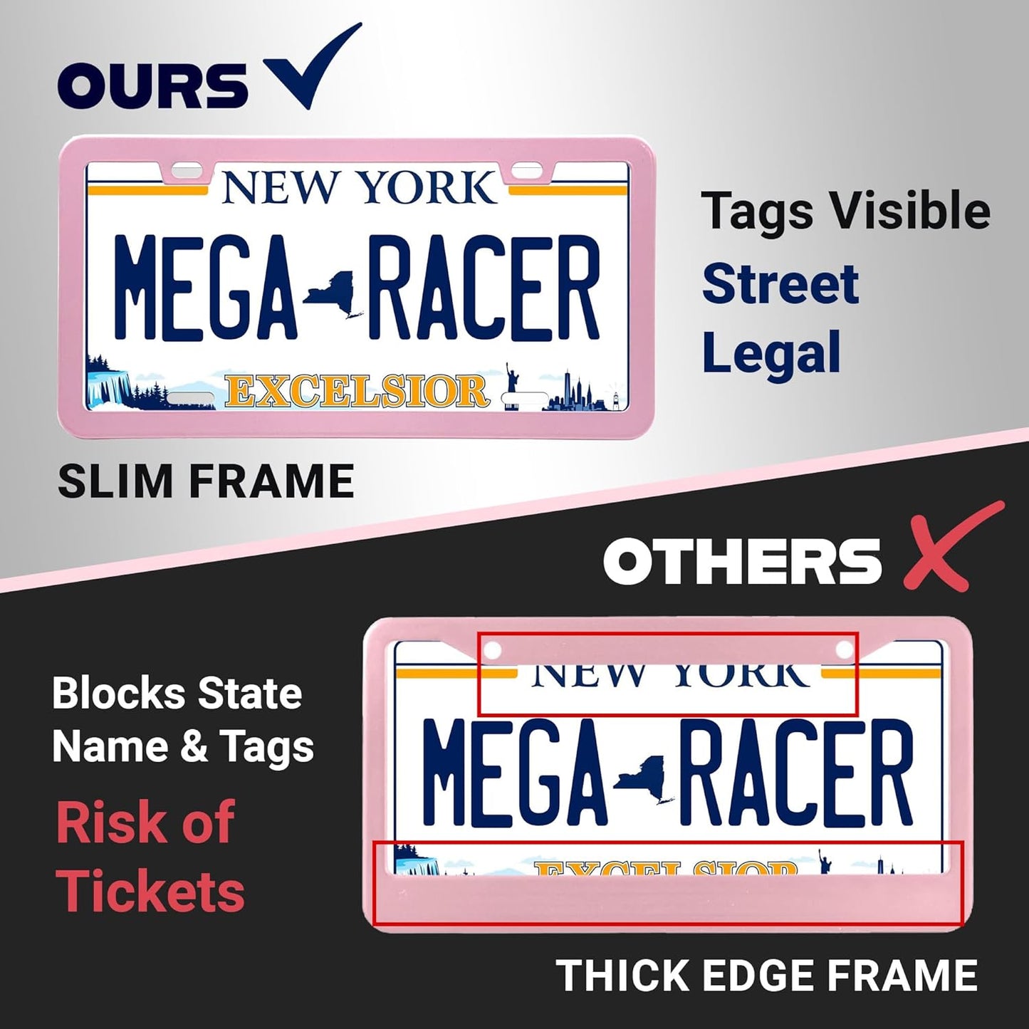 Premium Princess Pink License Plate Frames – 2 Pack, Rust-Free Stainless Steel, Street Legal, Rattle-Free, Universal Slim Design with Screw Covers, Durable Car Tag Holders for Women, Cute & Girly Gift