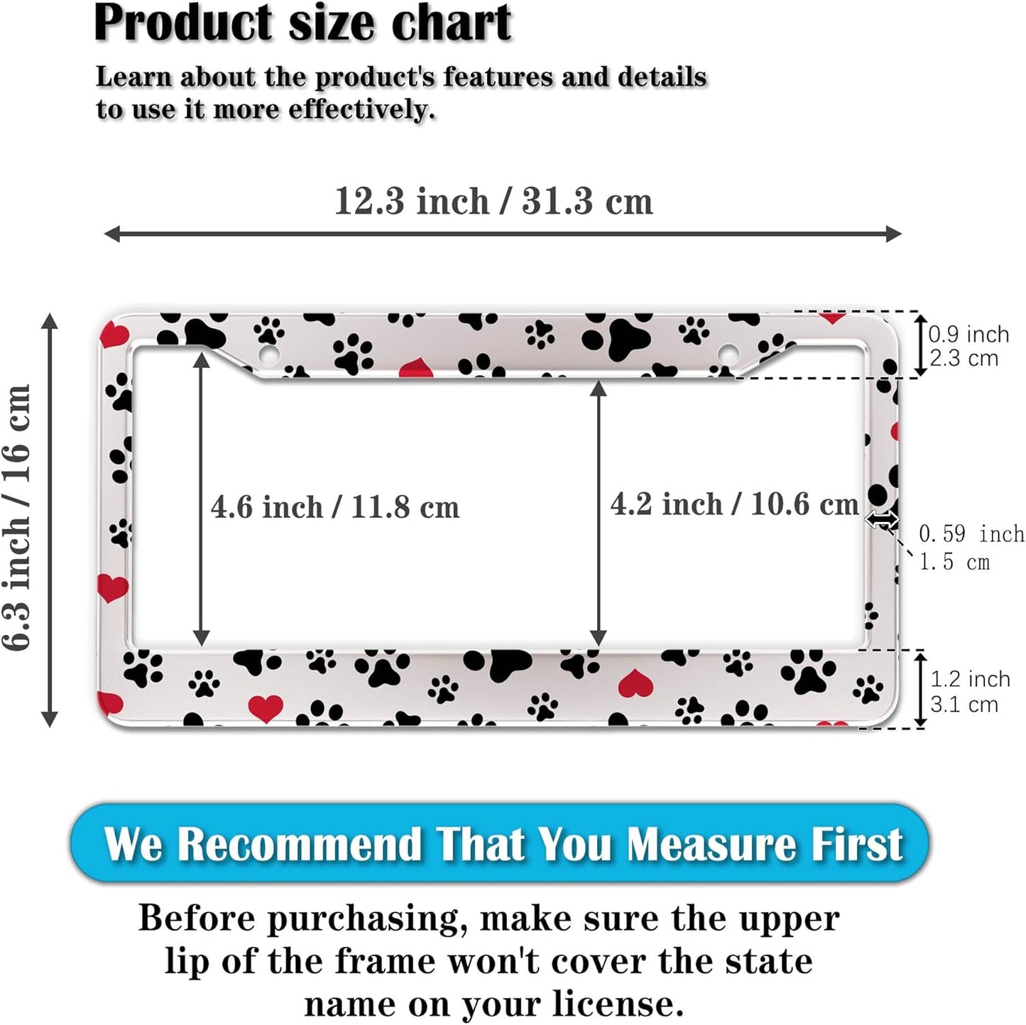 License Plate Frames Black, White, and Red License Plate Bracket Dog Footprints Universal Aluminum Car Accessory 2 Pack with Screw Covers Set