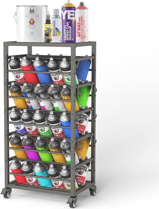 50 Spray Paint Storage Holder, Rolling Spray Can Storage Rack, Heavy Duty Paint Aerosol Can Organizer, Lube Can Holder Cart, Lube Bottle Organizer Rack for Garage,Shop, Craft Workroom