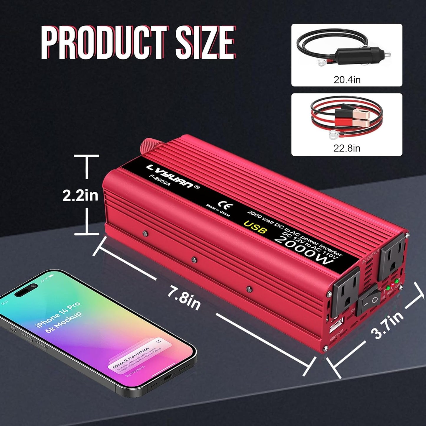 Car Vehicle Power Inverter 800W/2000W(Peak)DC-AC 12V-110V Converter Power Supply