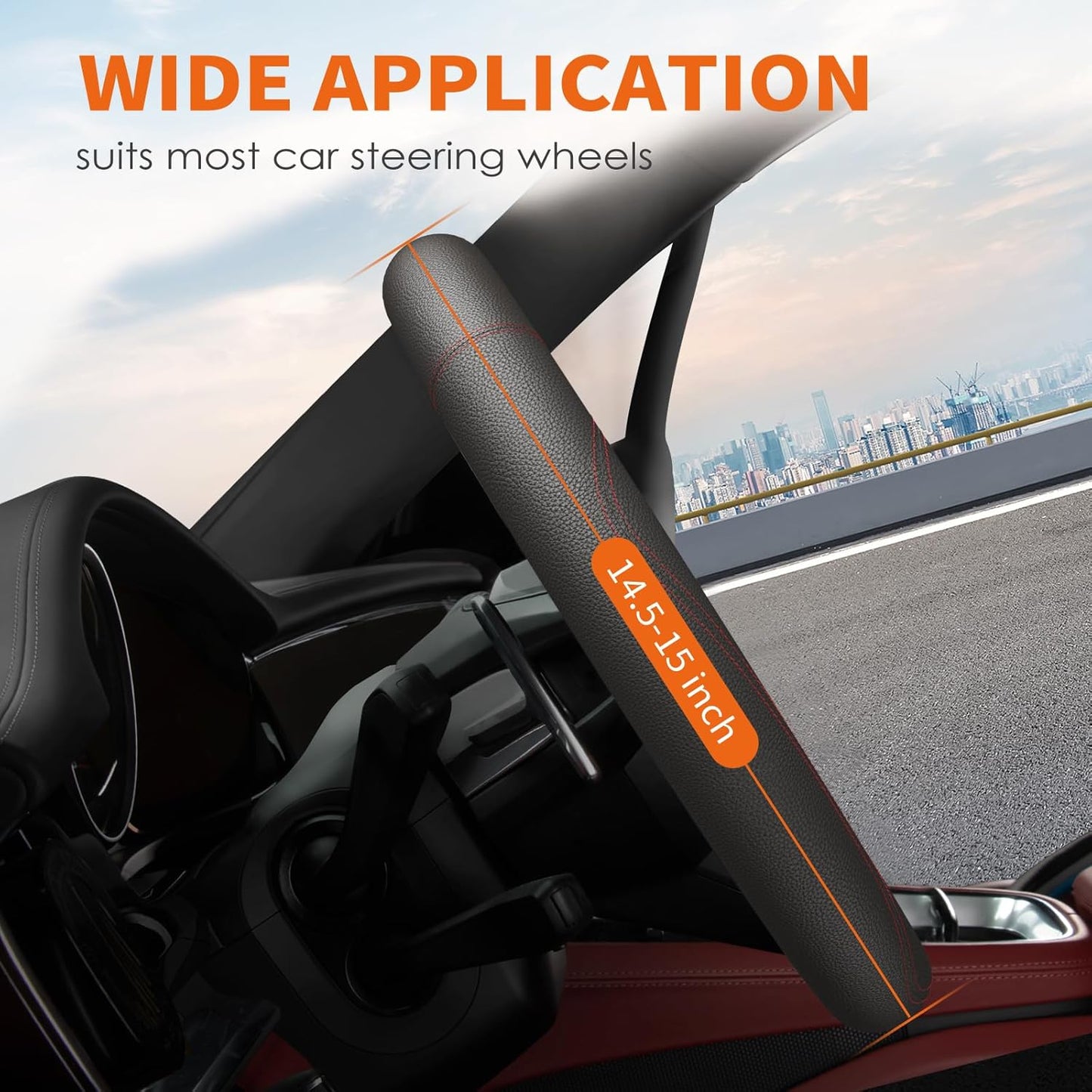 HOTOR Car Steering Wheel Cover - Universal Car Accessory for Diverse Cars, Durable Leather Cover with Anti-Slip Lining, for Steering Wheel with a Diameter of 14.5"-15", Black with Red line