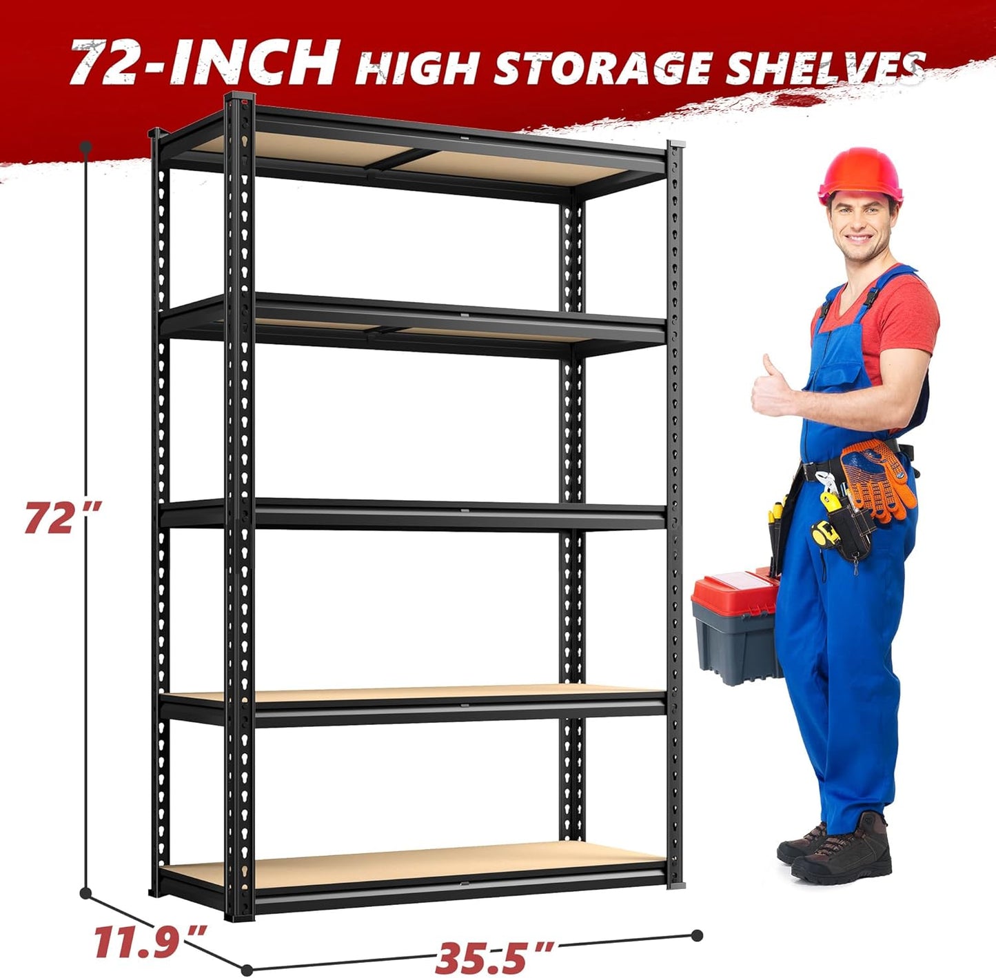 REIBII 2020LBS Storage Shelves 5 Tier Garage Shelving Heavy Duty Adjustable Garage Shelves, Utility Rack Shelf, Shelving Units for Storage Warehouse Pantry Closet, 35.5" W x 11.9" D x 72" H, Black