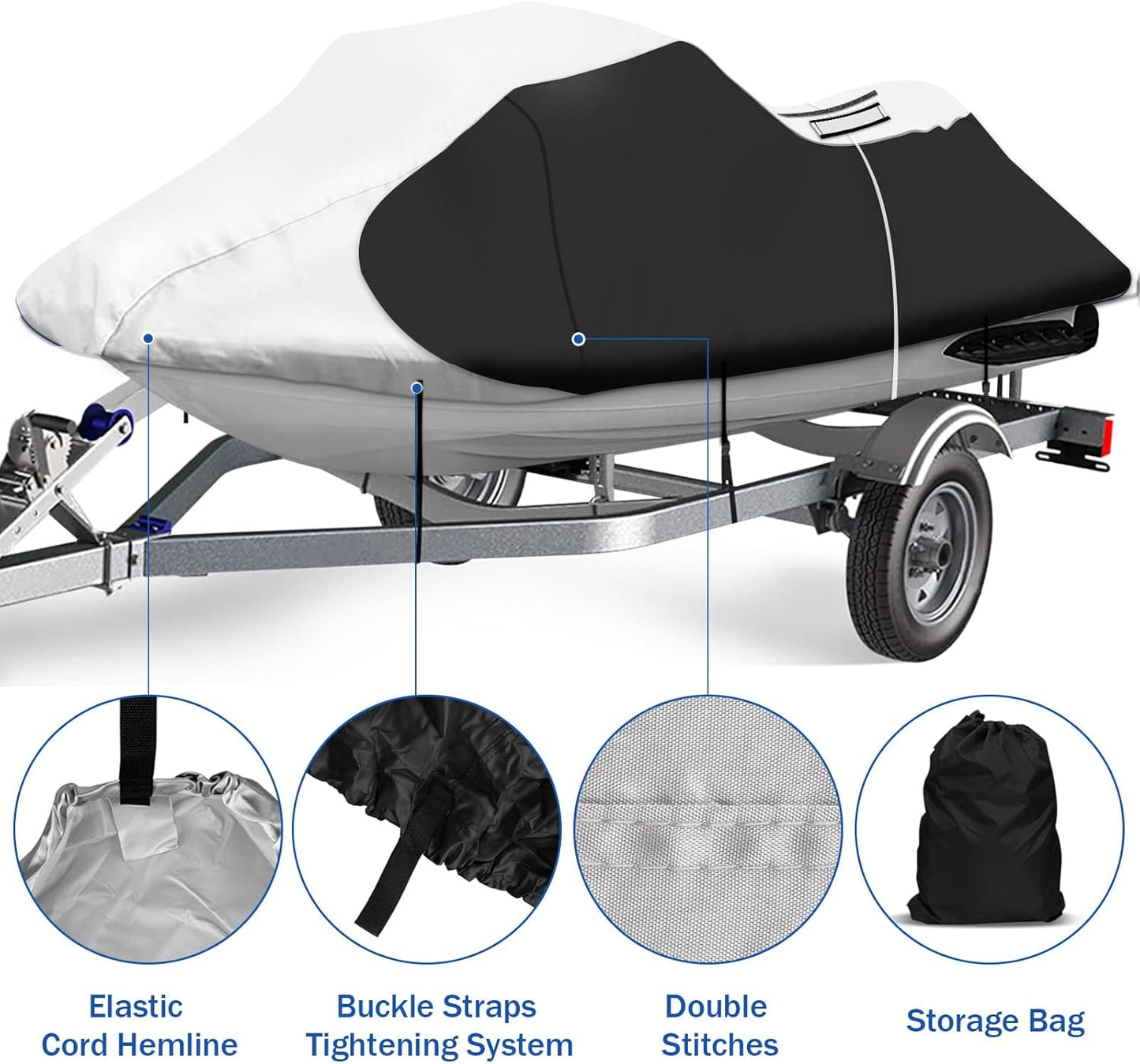 iCOVER Personal Watercraft Cover- Water Proof Heavy Duty Trailerable Jet Ski Covers for Seadoo Kawasaki Yamaha Wave Runner, Fits PWC Models Up to 113in Long