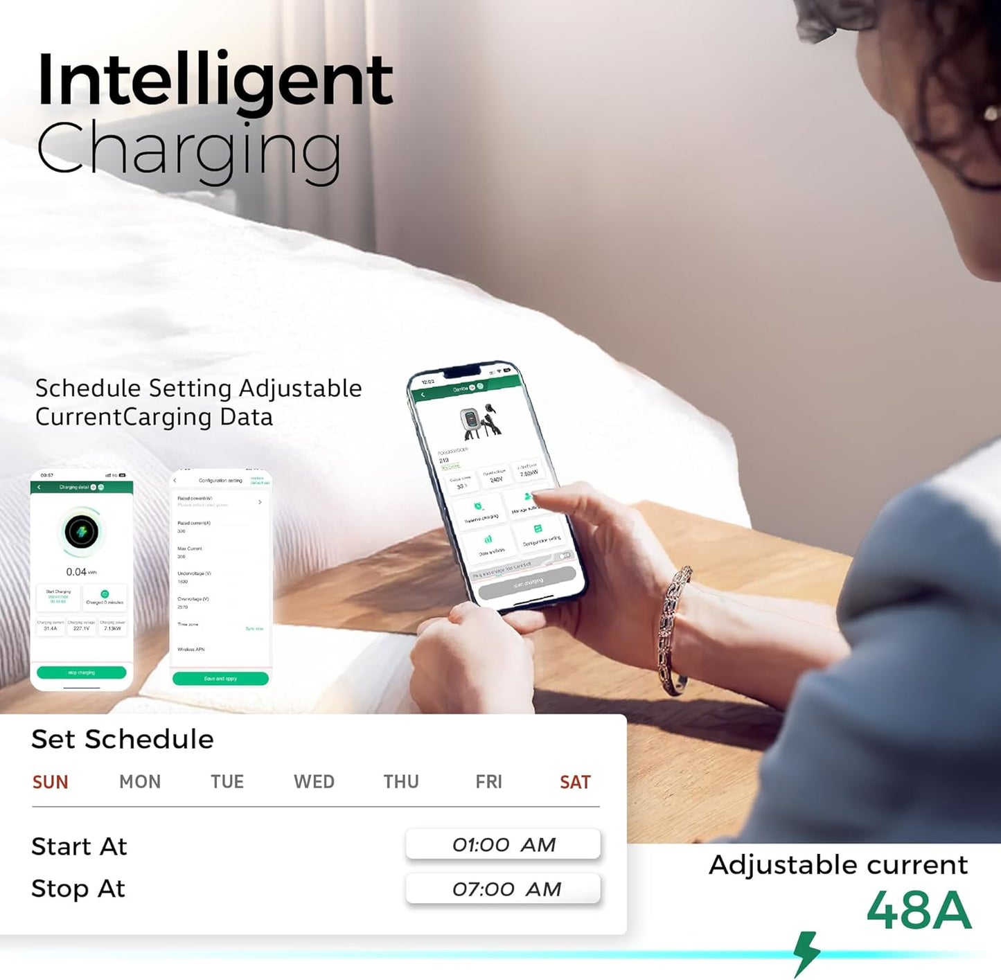 TESSAN Level 2 EV Charger, Hardwired Electric Vehicle Fast Charging Station, 48A/240V Smart Equipment App Control Wi-Fi （Only 2.4Ghz）& Bluetooth, 25ft Cable with Holder for Indoor Outdoor Home