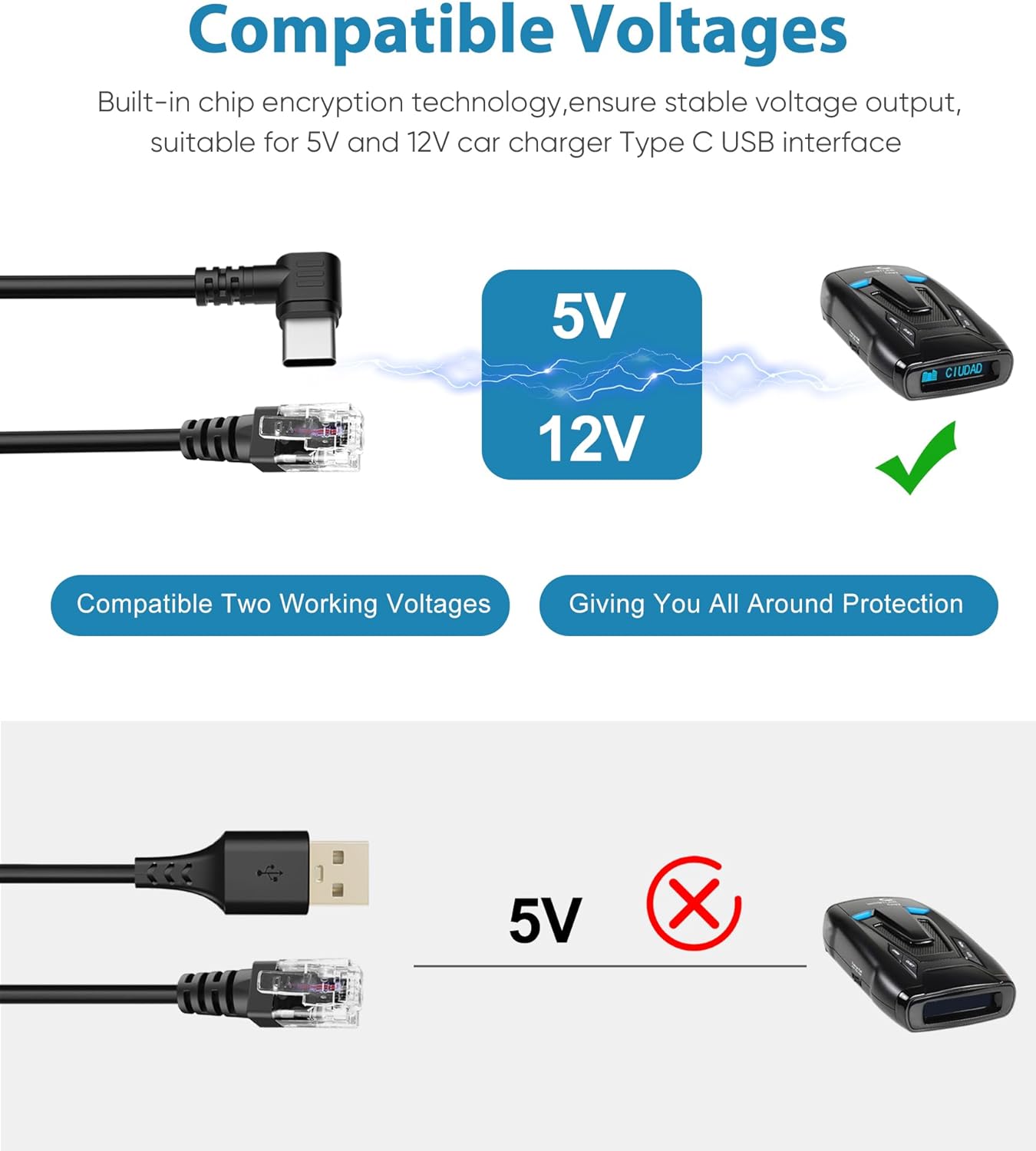 Radar Detector Cable, Type C to RJ11 Plug Cable,for Escort Radenso XP Uniden Beltronics Cobr Whistler Radar Detector,Replacement Power Cable for Radar Detectors
