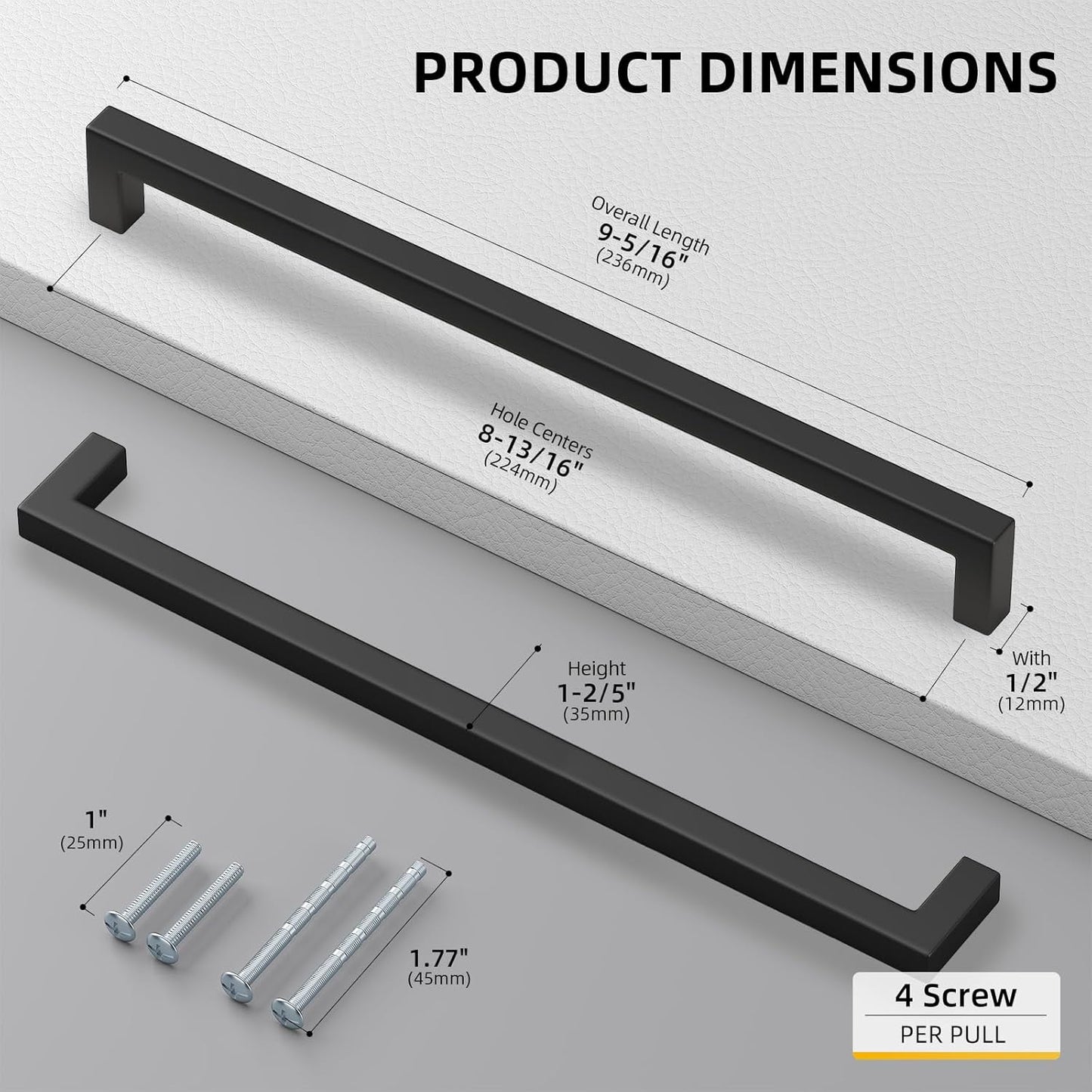 Goldenwarm 1 Pack Black Square Bar Cabinet Pull Drawer Handle Stainless Steel Modern Hardware for Kitchen and Bathroom Cabinets Cupboard,Center to Center 8-4/5in(224mm)