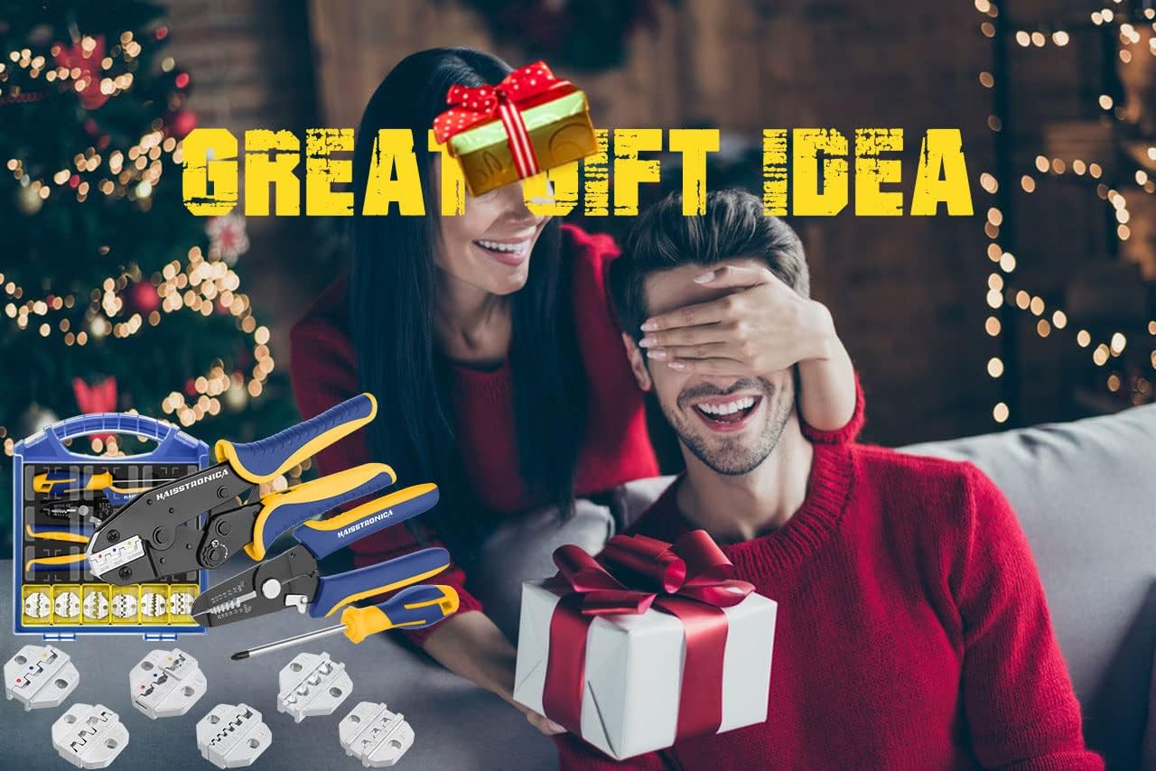 haisstronica Crimping Tool Set - 6PCS Crimping Die for Heat Shrink,Insulated Nylon,Non-Insulated,Ferrule Wire End,Open Barrel Terminals,Solar Connectors - with Wire Stripper Tool and Screwdriver