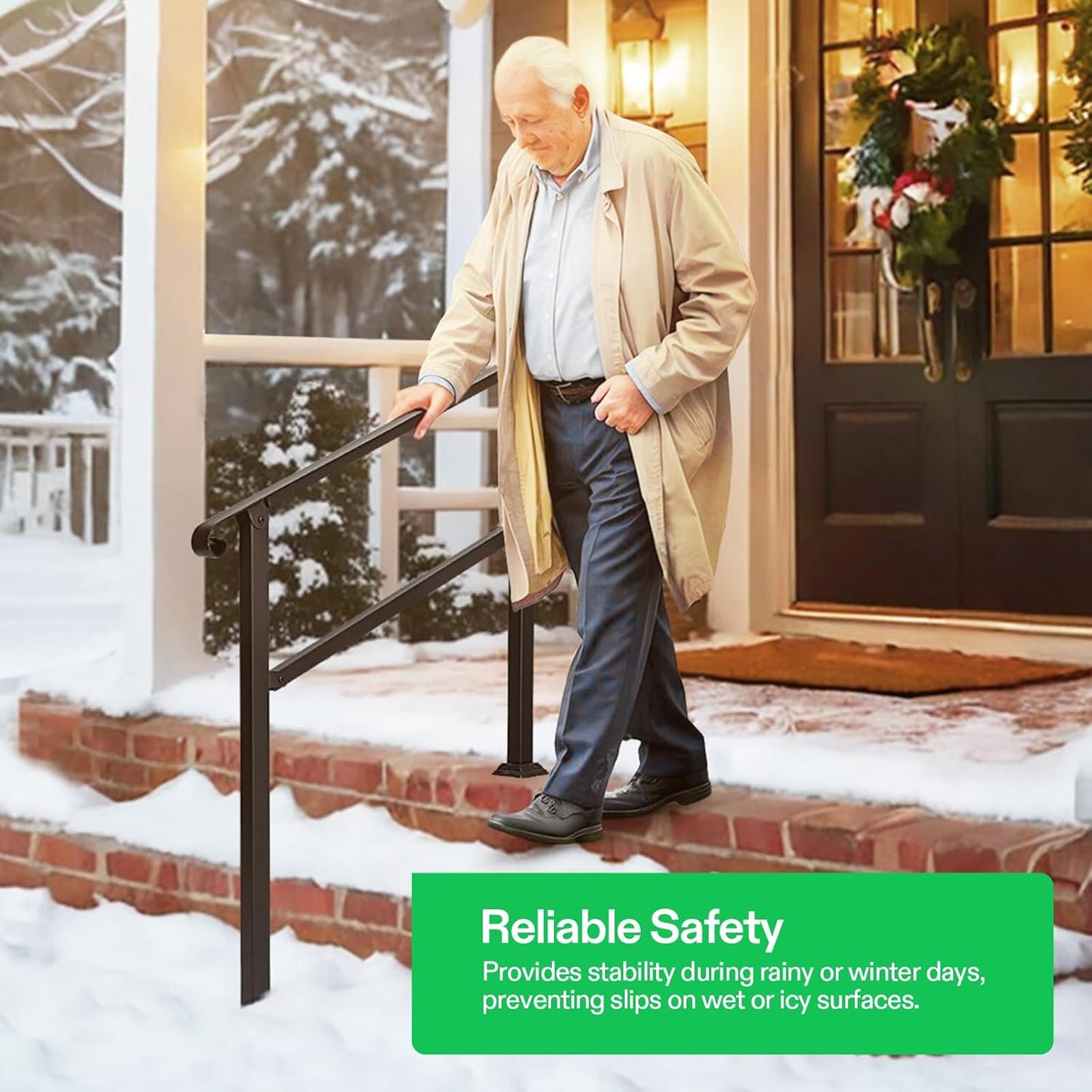 VIVOSUN Outdoor Handrail, 3 Step Stair Handrail, 40" x 36" Fits 1 to 3 Steps, Wrought Mattle Iron Stair Railing with Curved Ends for Concrete Steps, Porch Steps, One-Step Assembly, Black