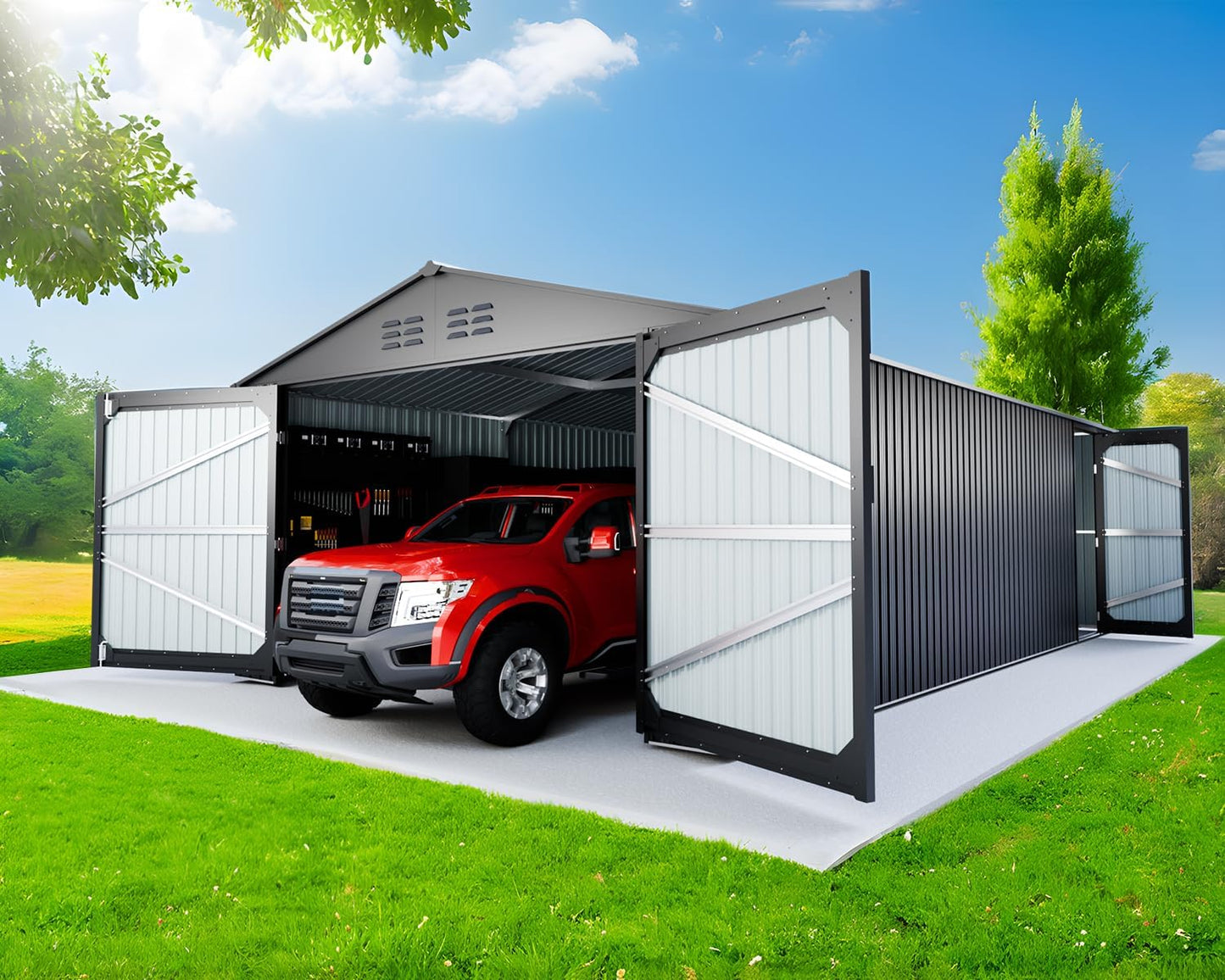 20x13 Metal Shed, Metal Garage Building with 2 Lockable Doors, Prefab Garage Shed with 4 Air Vents, Large Sheds & Outdoor Storage Clearance, Car Sheds for Truck, Tool, Lawnmower, Black