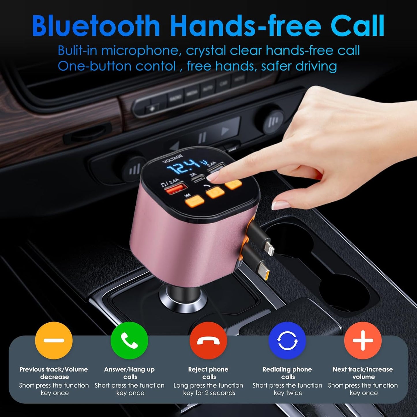 Retractable Car Charger,5 in 1 Fast Car Phone Charger 90W,Bluetooth 5.3 FM Transmitter Adapter,Handsfree Call,2 Retractable Cables and USB Cars Chargers for iPhone 15/14/13 (Pink)