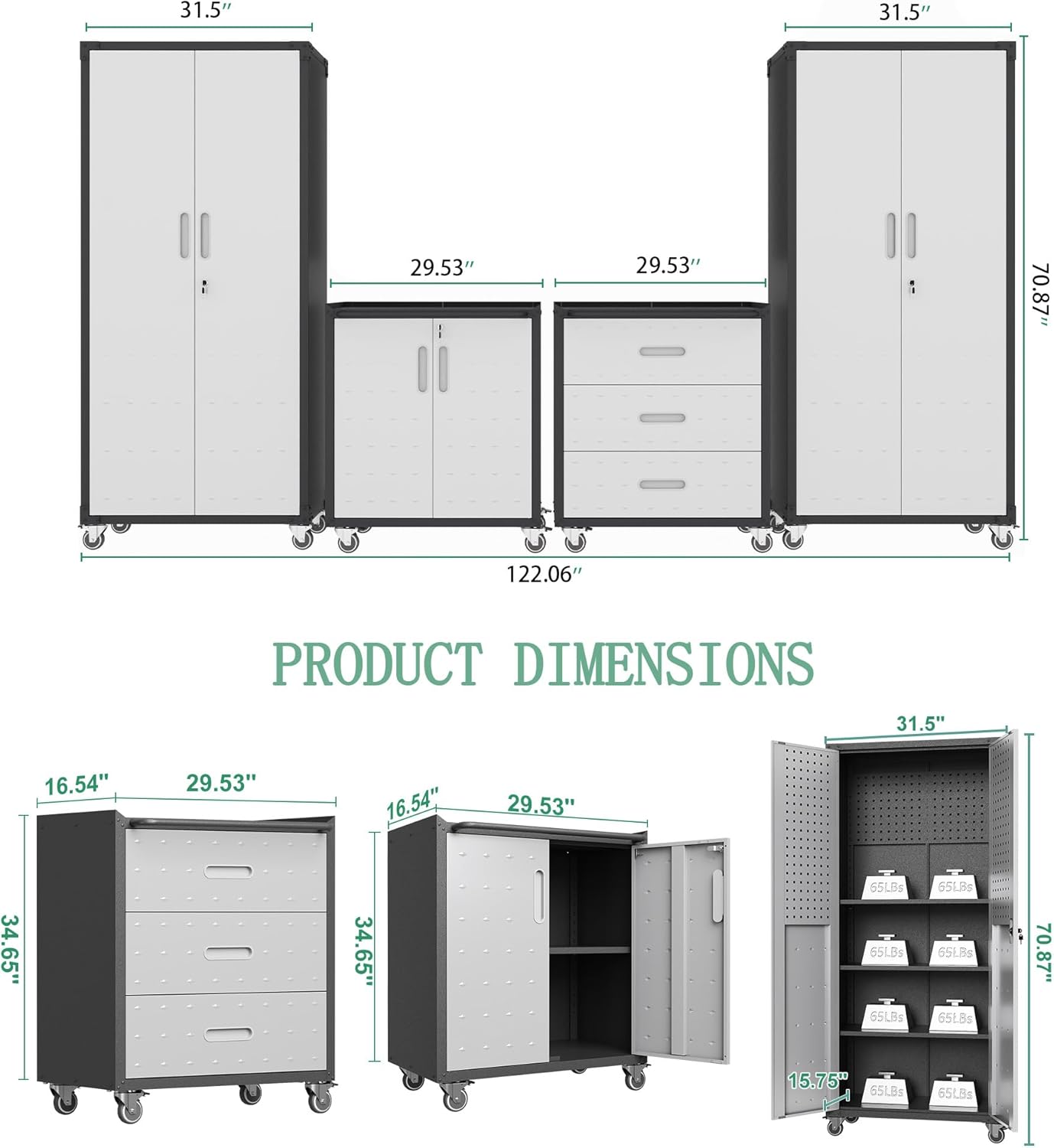 Metal Tool Cabinet,Garage Storage Cabinet System,Wall Cabinet & Locking Rolling Tool Cabinet with Doors and Adjustable Shelves,Steel Tool Cabinets for Home,Office (4 Pcs-StyleA, Black & Grey)