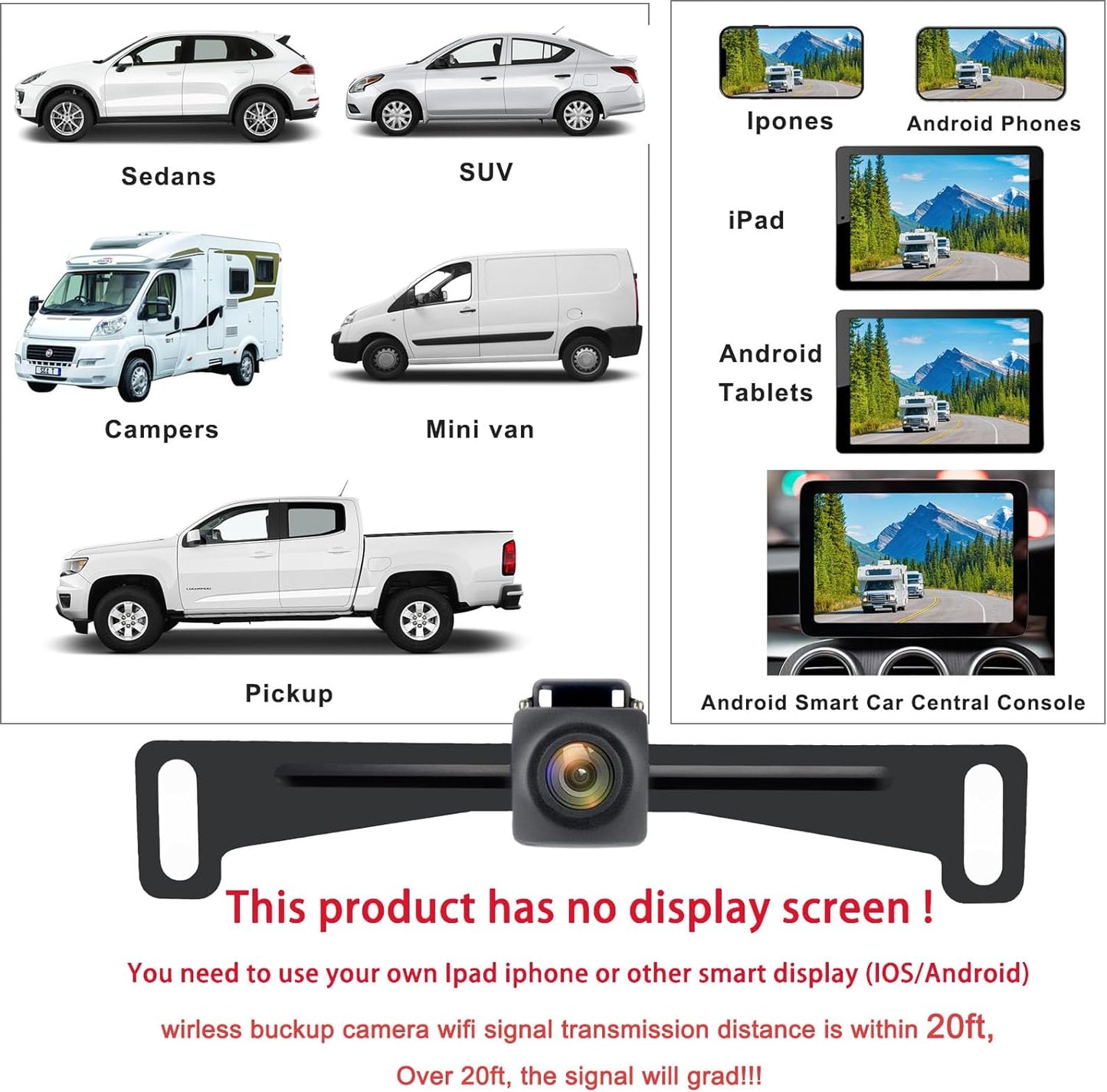 Wireless License Plate Backup Camera for Car/SUV - No Drilling WiFi HD 160° View, Waterproof Reverse/Rear View Camera with Real-Time Signal, Compatible iPhone/Android/iPad (Parking/Hitch Aid)