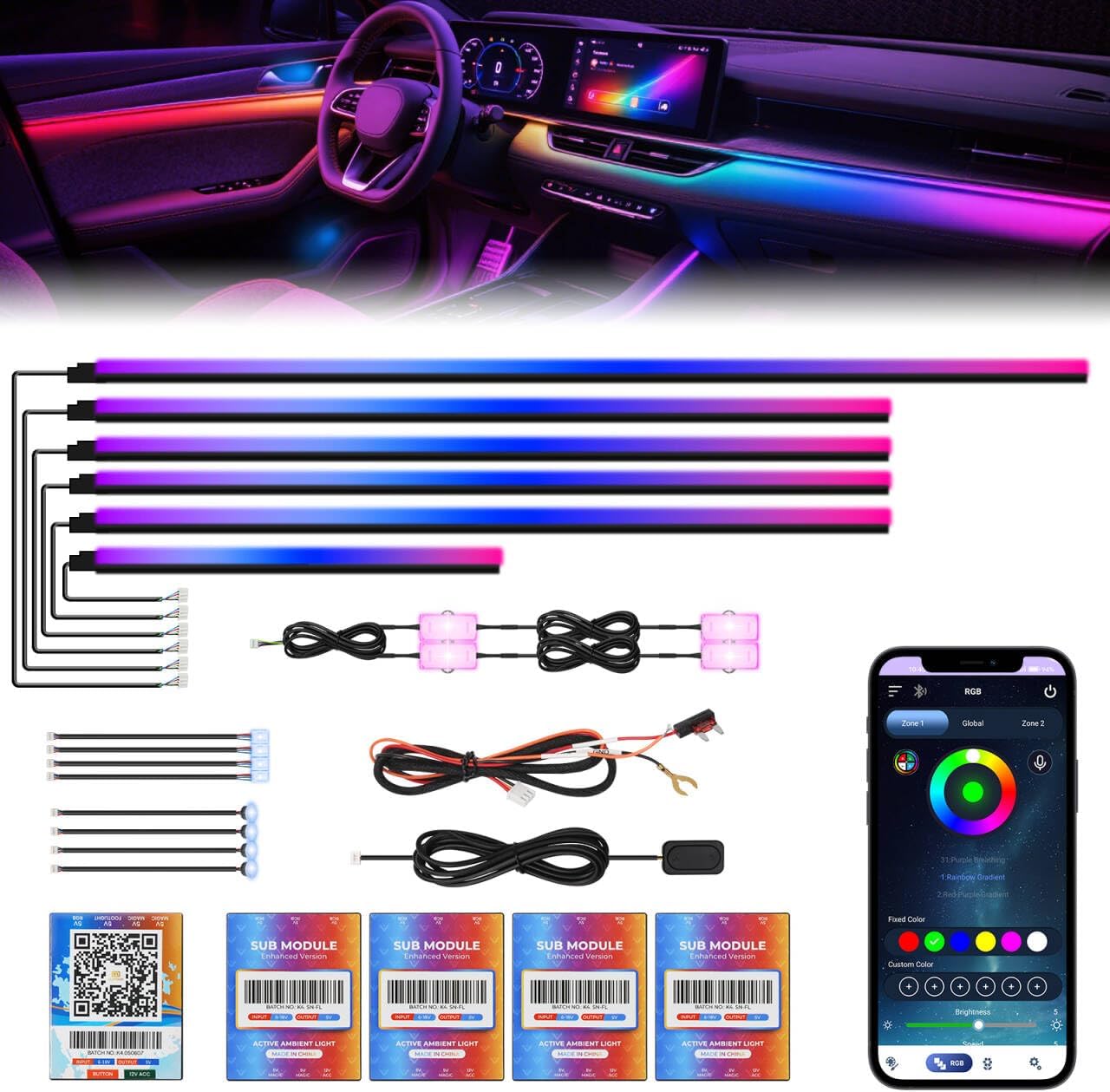 New Version Dreamcolor Acrylic Car Interior Lights 18 in 1 RGB Car Ambient Lighting Kit APP Control Zoned Control System 252 Color Modes DIY 16 Million Colors Music Sound Active Neon LED Strip Lights