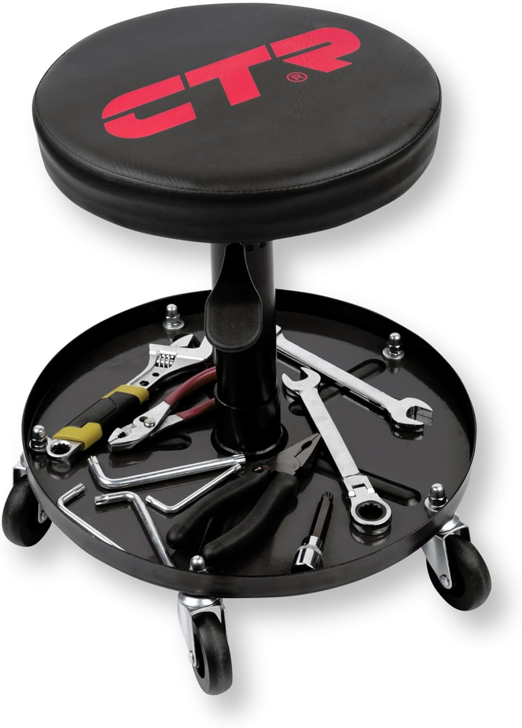CTR Rolling Mechanic Shop Stool with Magnetic Tool Tray, Heavy Duty Work Stool, Adjustable Garage & Workbench Stool with Wheels, Creeper Seat Shop Chair