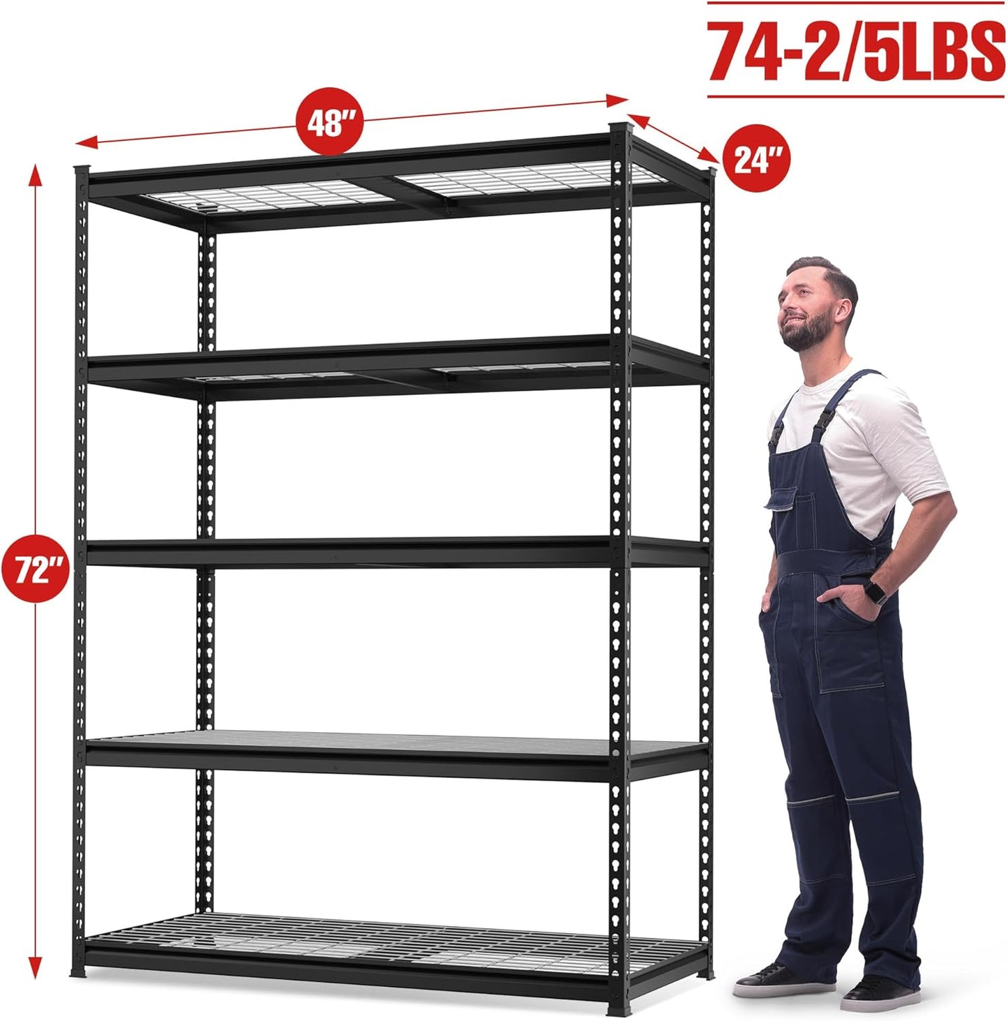 WORKPRO 4000LBS Heavy Duty Shelving, 48”W x 24”D x 72”H, 5-Tier Storage Shelves, Adjustable Metal Shelving, Garage Shelving for Basement, Warehouse, Workshop