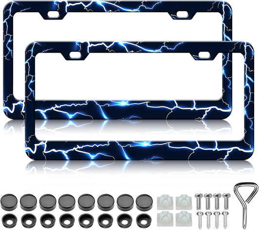 Blue Lightning License Plate Frames - 2 Pack Funny Thunder Stainless Steel License Plate Holder,Rust-Proof Waterproof Car Decorative Tag Frame with Screws Fasteners Caps