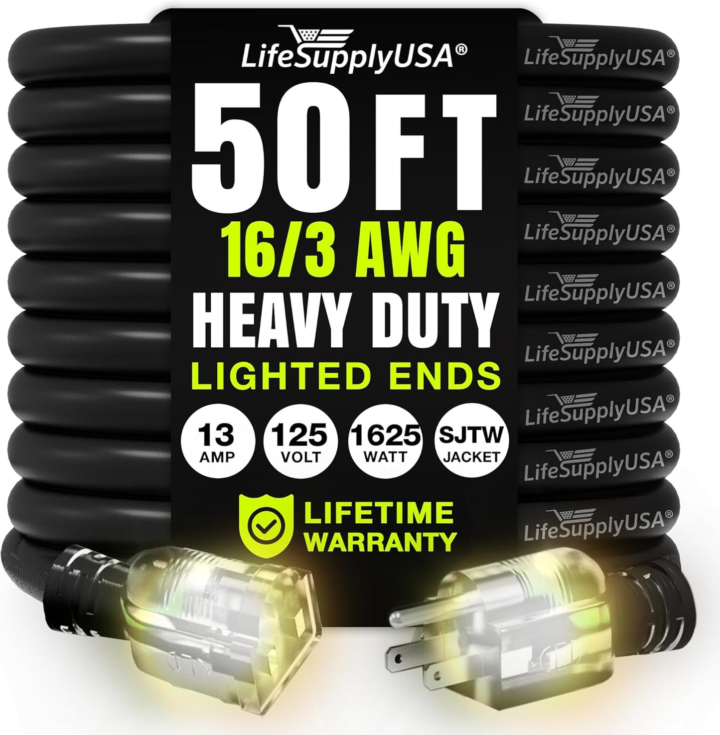 50ft Outdoor/Indoor Extension Cord 16/3 Gauge Heavy Duty 3 Prong SJTW, Waterproof, Flexible Cold-Resistant Long Power Cord,13A 125V 1625W, Black by LifeSupplyUSA