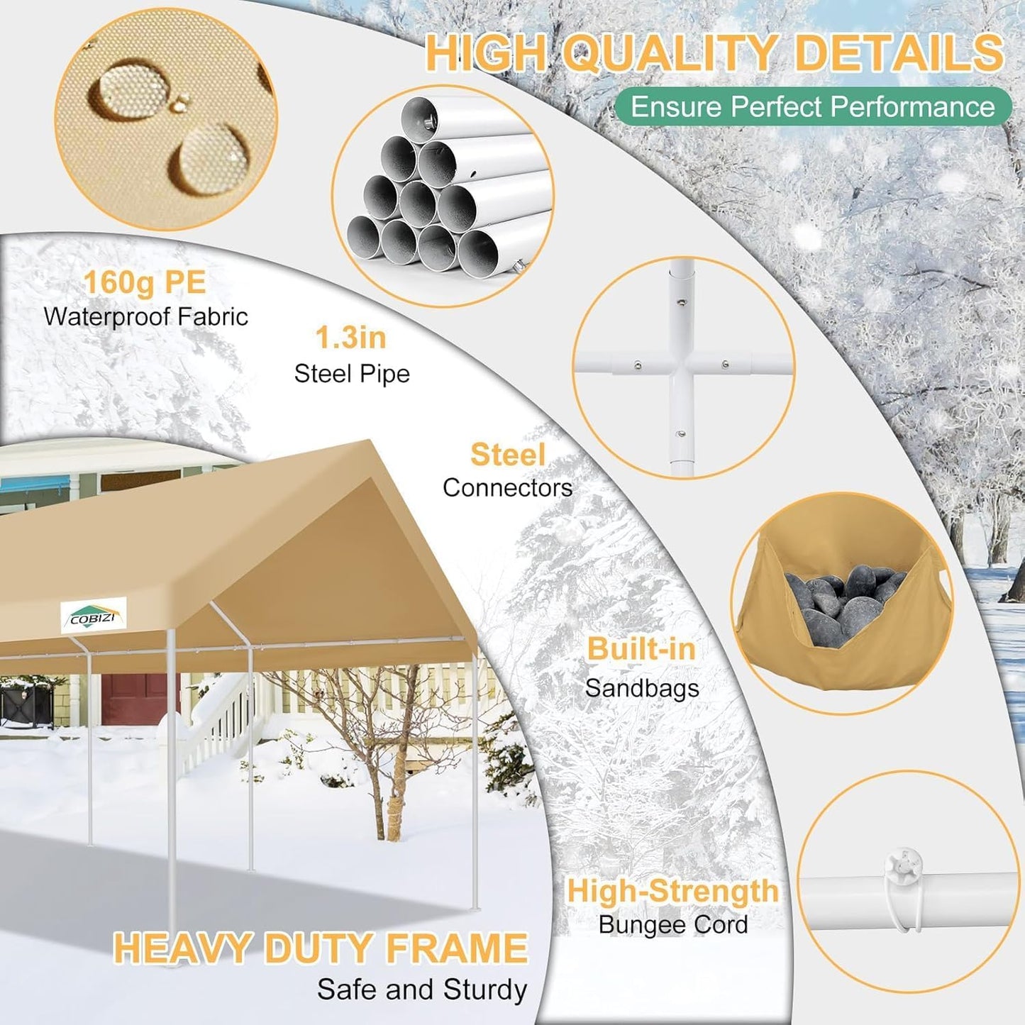 COBIZI Carport 12x20ft Heavy Duty Portable Garage, 2.0 Powder Coated Frame(Better Than Galvanized), Waterproof Shelter with Built-in Sandbags, for Car/Boat/SUV, Khaki