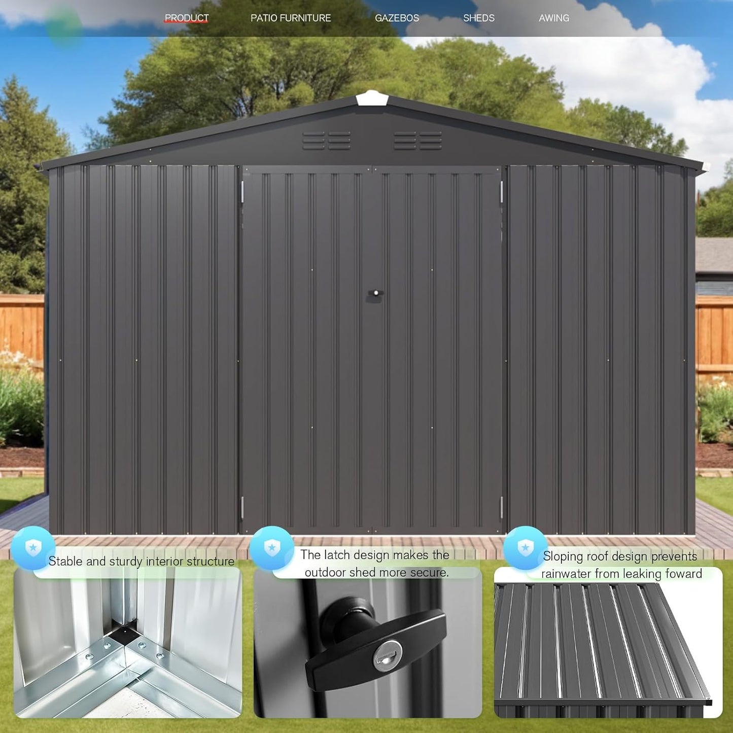 AECOJOY 10' x 8' Shed, Outdoor Metal Storage Shed, Dark Grey Sheds & Outdoor Storage 8x10 Clearance, Steel Yard Shed with Lockable Doors, Utility and Tool Storage for Garden, Backyard, Patio, Outside