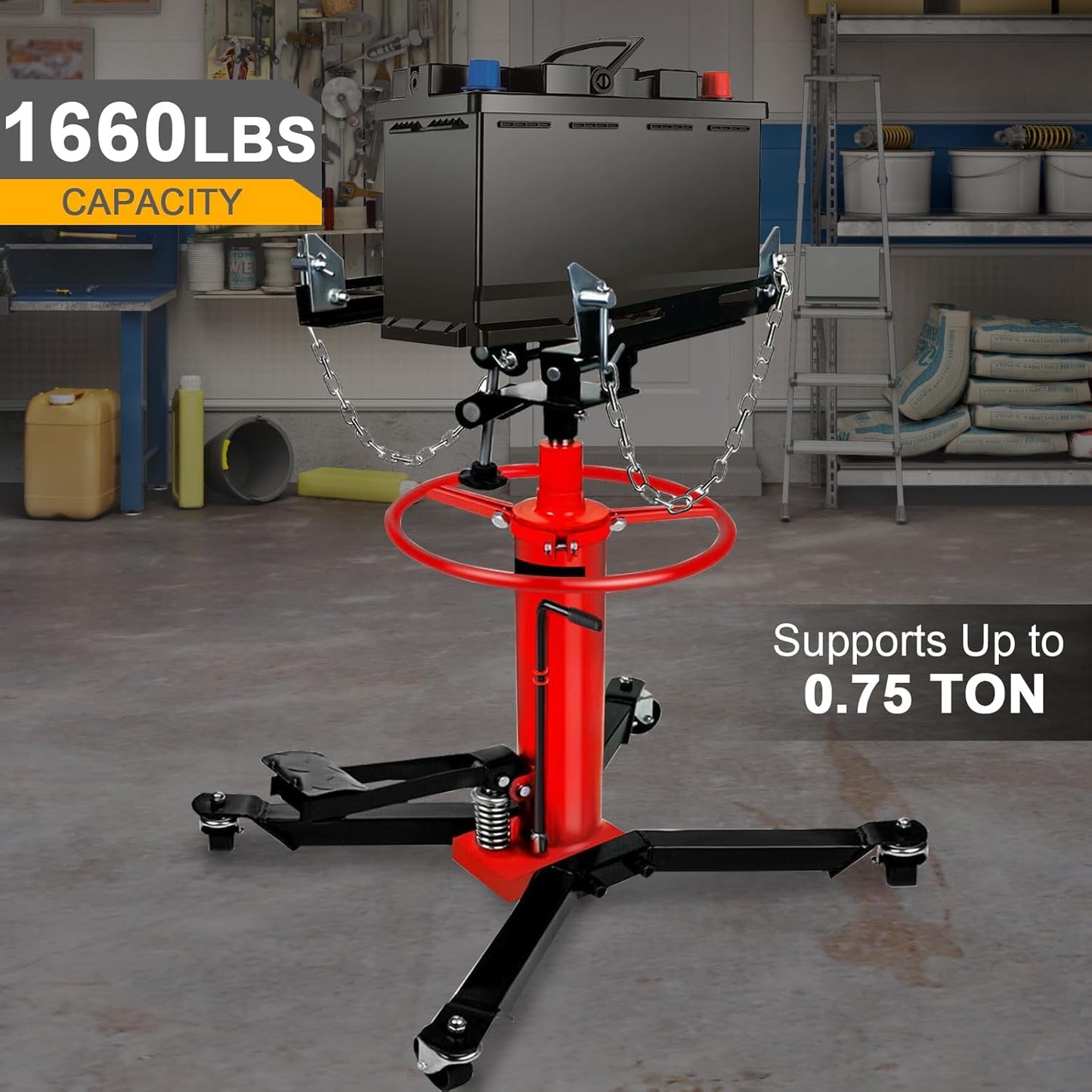Transmission Jack 1660 lbs/ 0.75 Ton Capacity Hydraulic Telescopic Transmission Jack 34" - 68" Adjustable Height Telescoping Transmission Hydraulic with 360° Swivel Wheels Lift Hoist