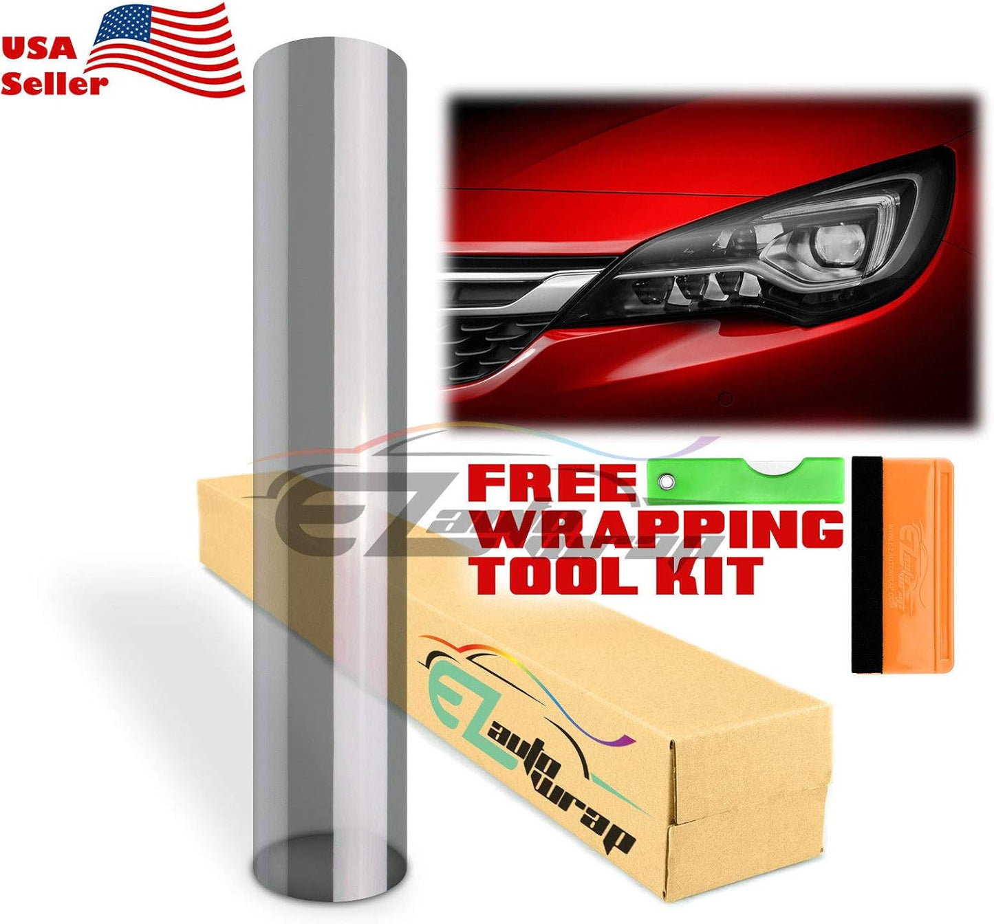 EZAUTO WRAP Free Tool Kit 12"x36" (1FT x 3FT) Glossy Light Black Smoke Headlight Taillight Fog Light Side Marker Vinyl Tint Film Self Adhesive
