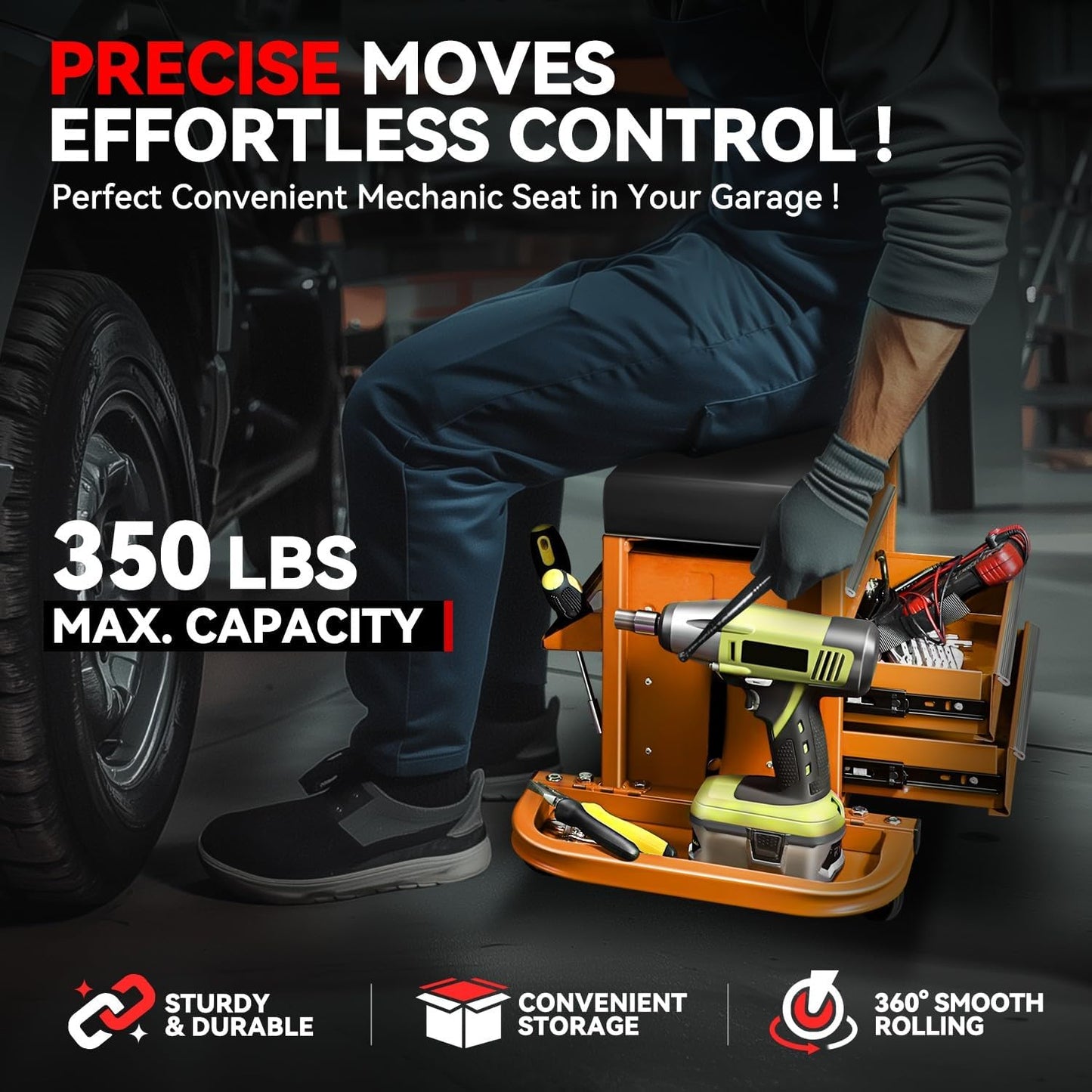 Auto Dynasty 3-Drawer Mechanic Rolling Seat, 350 LBS Capacity Roller Garage Shop Seat with Storage Tool Tray for Workshop, Repair Shop, Warehouse, Orange