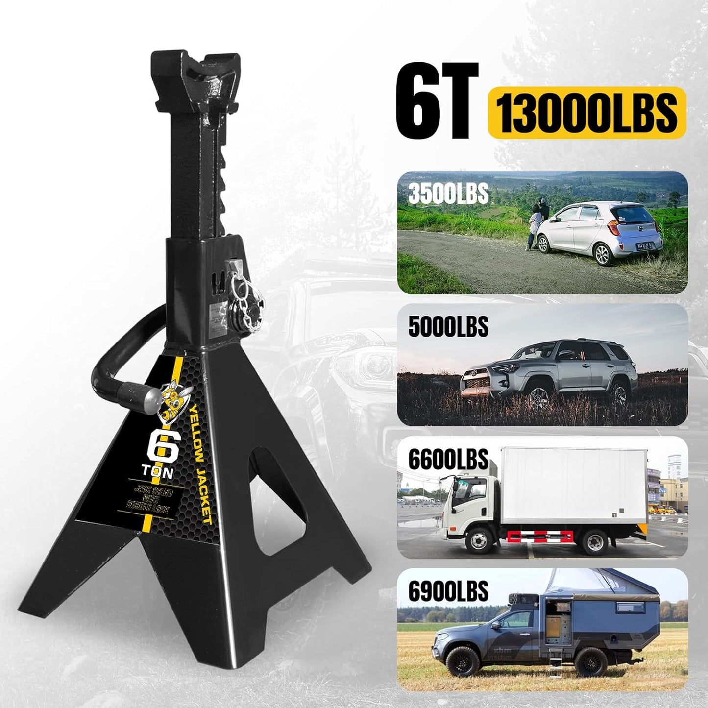 YELLOW JACKET Jack Stands 6 Ton with Double Locking for Lifting Car SUVS, Heavy Duty Steel, 13000 lb Capacity, 1 Pair, Black