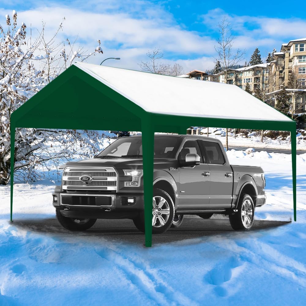 Rutile 12 x 20 FT Carport Replacement Cover, Heavy Duty Car Tarp Canopy Tent Garage Top Shelter Cover with Fabric Leg Pole Skirts and Ball Bungees Green (Only Top Cover, Frame is not Included)