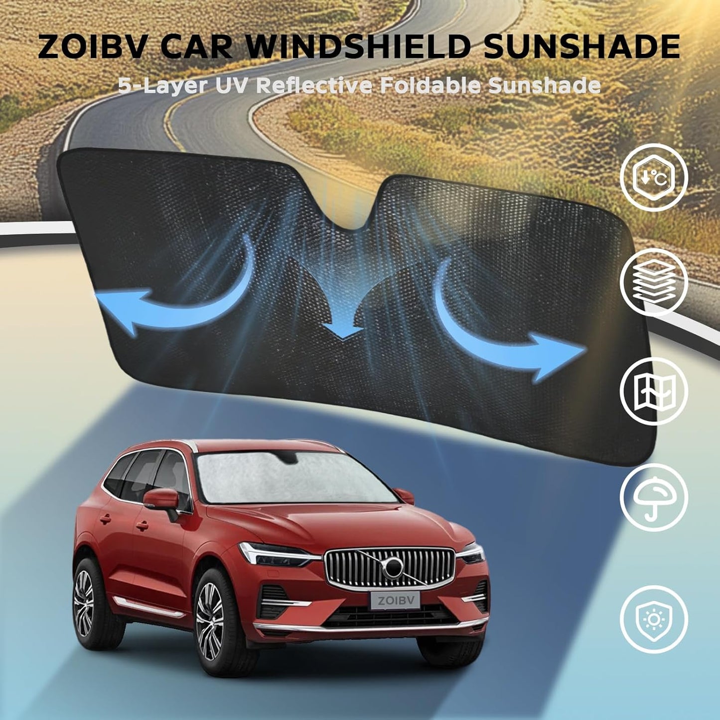 Windshield Sun Shade for Volvo XC60 2018-2025 - 5-Layer Bubble Foldable Front Window Shade Sun Visor Accessories - Blocks Heat & UV Rays