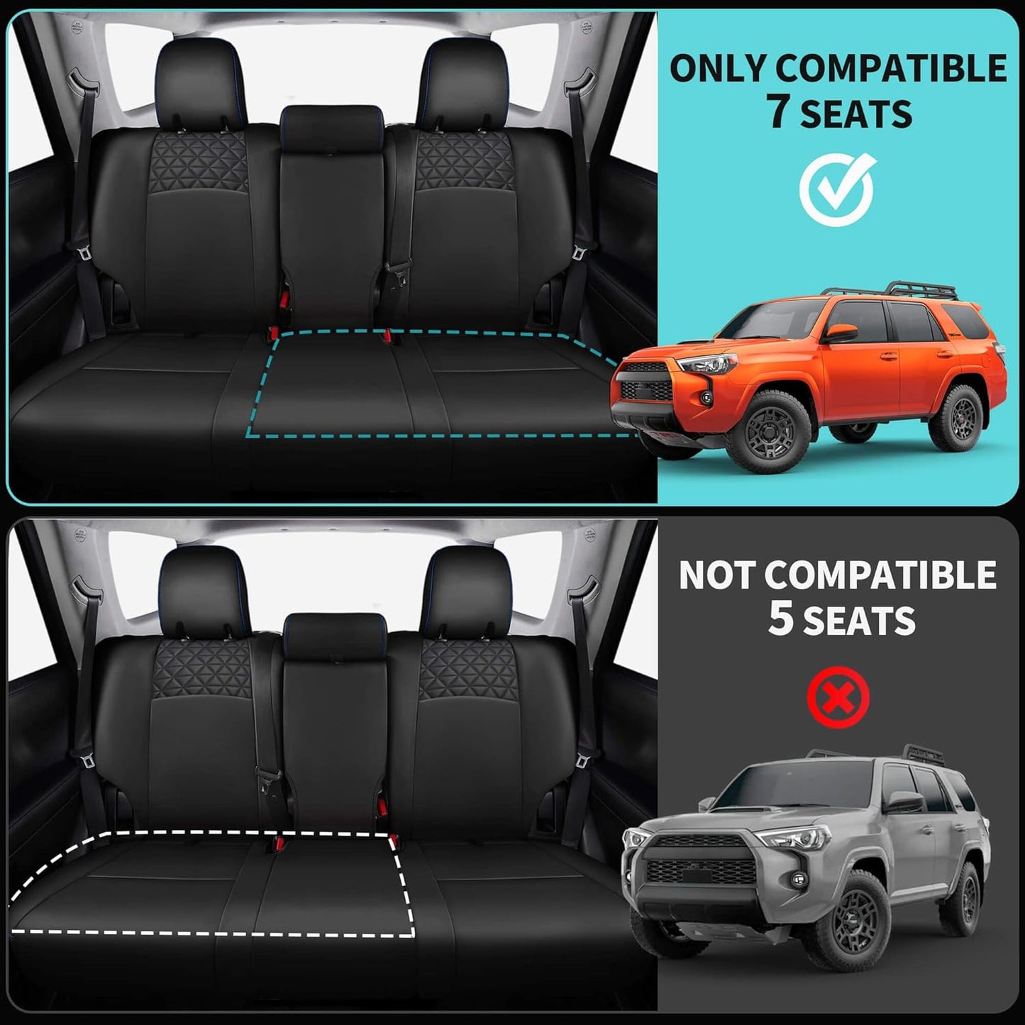 Seat Covers for Toyota 4Runner 2011-2024, Faux Leather Car Seat Cover Full Set, 3-Row-Only for 7 Seats Version-BlackBlue