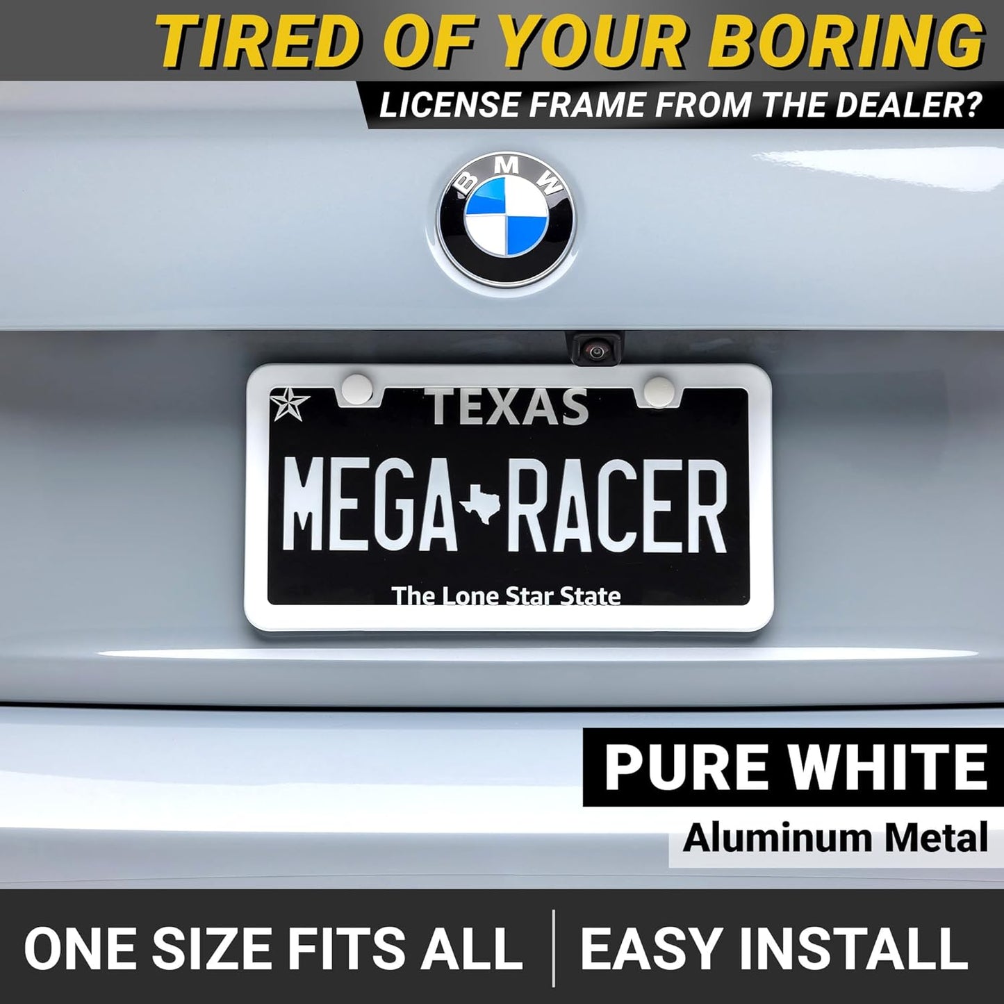 Premium Slim White License Plate Frames – 2 Pack, Rust-Free Stainless Steel, Street Legal & Rattle-Free, Universal Fit with Screw Covers, Sleek Thin Metal Front & Rear Car Tag Holders for Men & Women