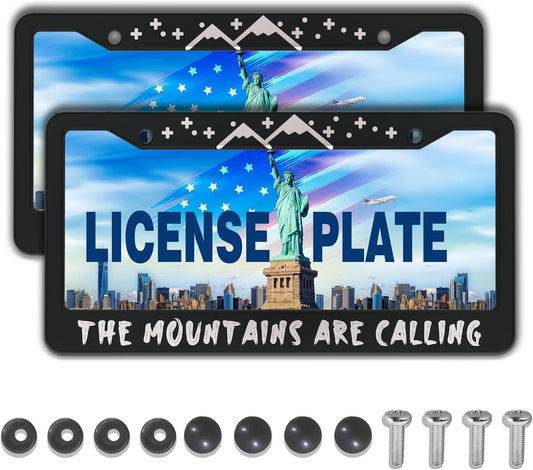 Plate Cover for Car Black and White License Plate Frames The Mountains are Calling Aluminum Metal Car Accessory 2 Pack with Screw Covers Set