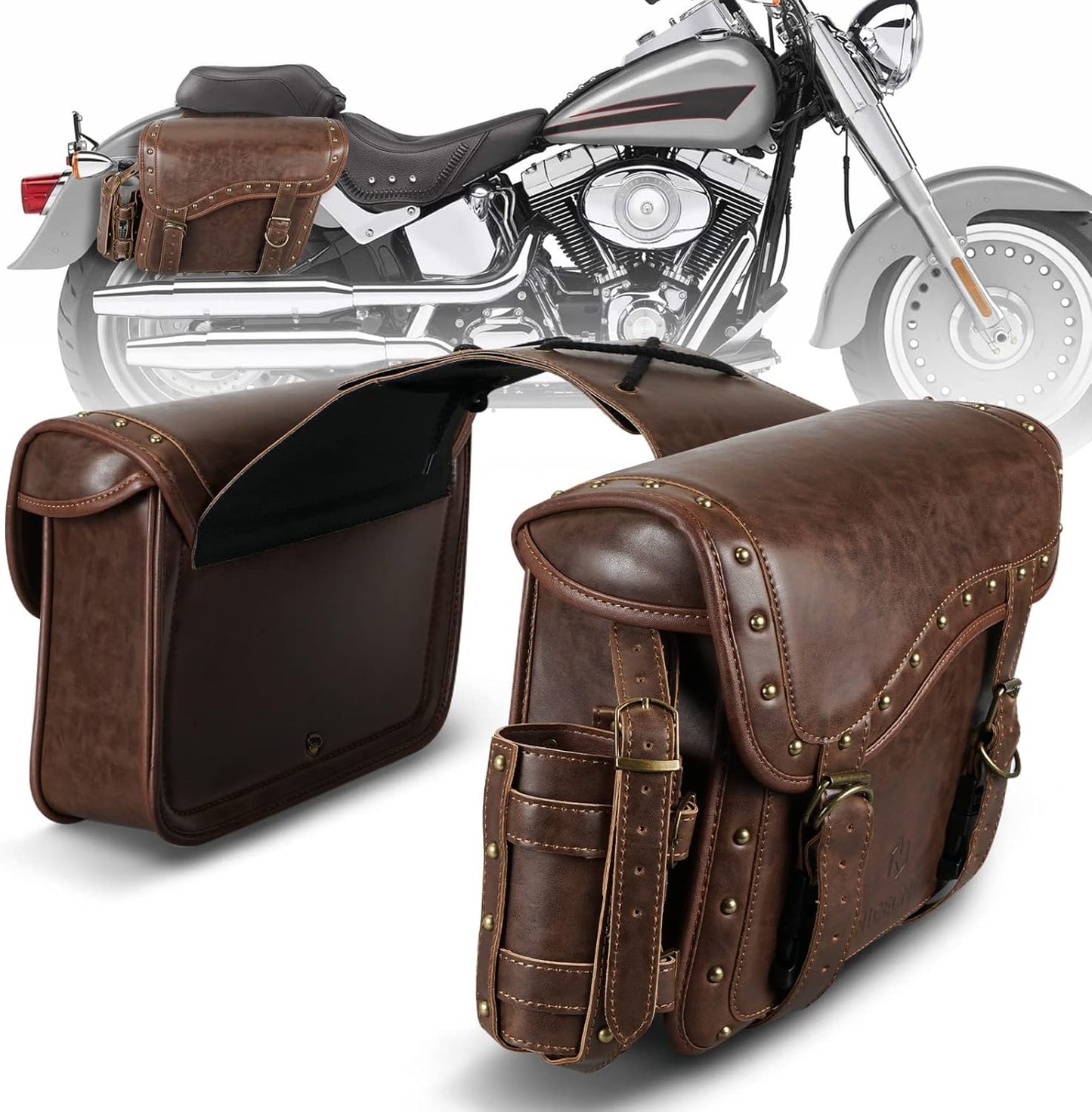 NICECNC Motorcycle Saddle Bags, PU leather Motorcycle Saddlebags, Reinforced Straps & Saddle Piece, with Cup Holder, Throw Over Saddle Bags Side Bags Universal Motorcycle Accessories, BROWN