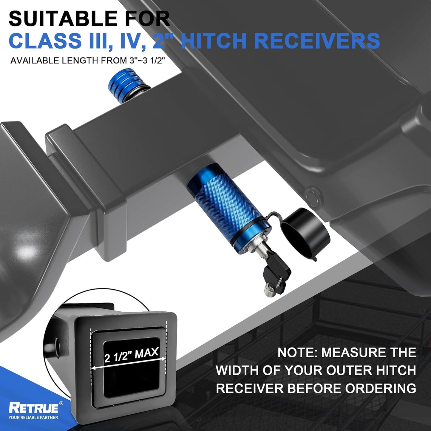 RETRUE Trailer Hitch Locks, 5/8" Locking Hitch Pin for 2 Inch and 2 1/2” Receiver Class III IV Hitch, Tow Hitch Lock with Keys O-Rings, Trailer Accessories for Outdoor,Blue
