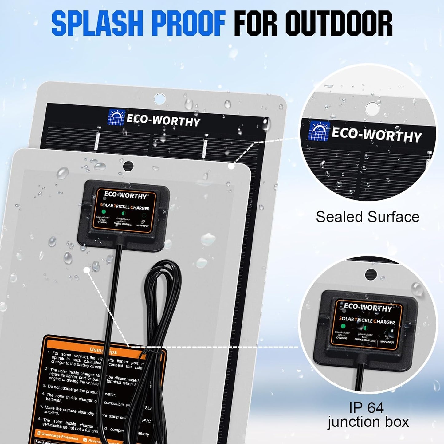 ECO-WORTHY Solar Battery Charger 12 Volt Waterproof Portable Power Solar Panel Solar Trickle Car Battery Charger Maintainer for Car Truck Boat RV Motorcycle Marine Trailer Battery，Plug and Play