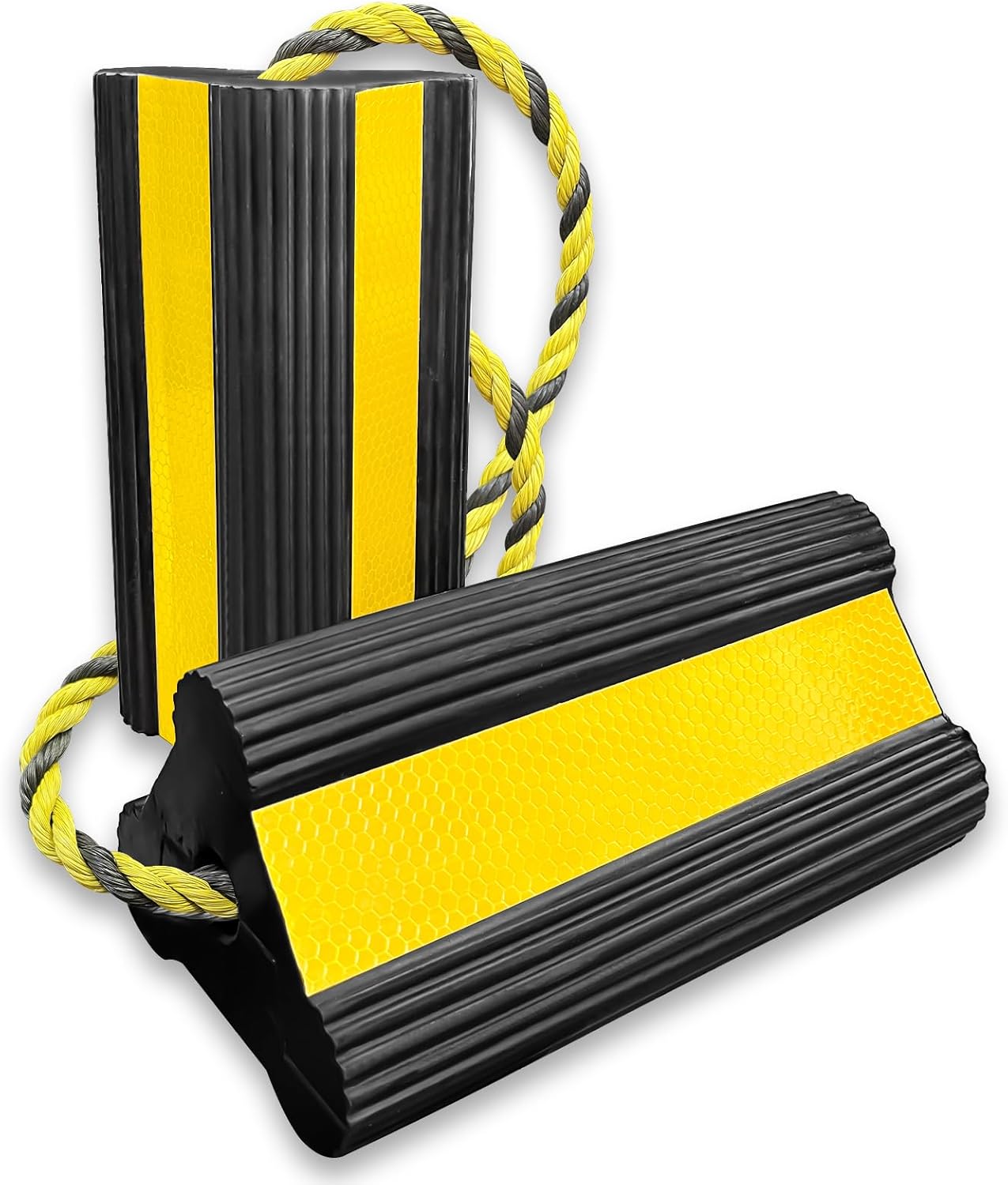Heavy-Duty Wheel Chocks with Extra-Long Safety Rope (86") - 2-Pack Reflective Rubber Blocks for Trailers, Trucks, Campers & Garage Use (1pair/2pack with Rope)
