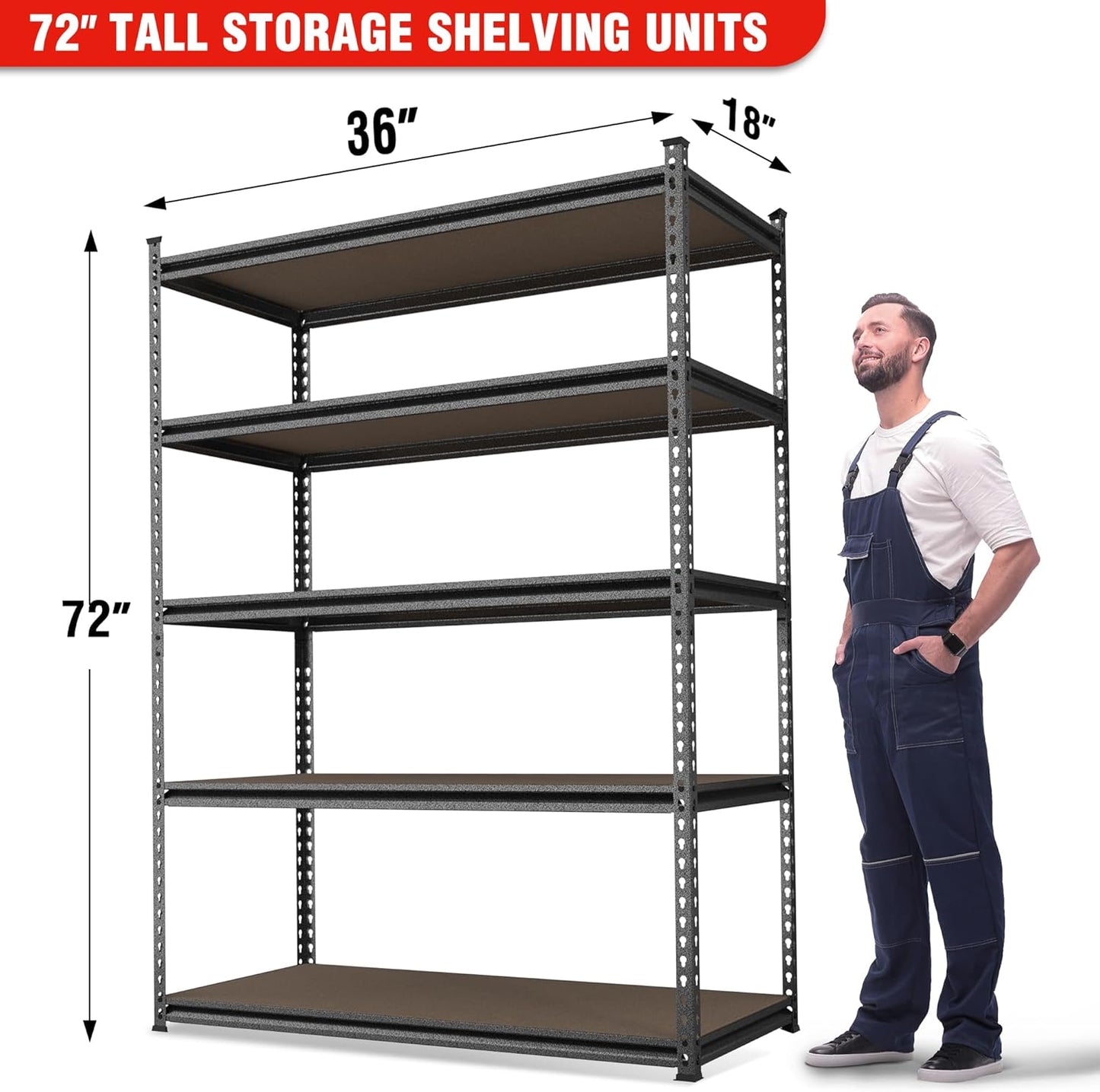 WORKPRO 5-Tier Metal Storage Shelving Unit, 36”W x 18”D x 72”H, Adjustable Storage Rack Heavy Duty Shelf with Particle Board, 4000 lbs Load Capacity (Total) for Garage Warehouse, Black/Silver