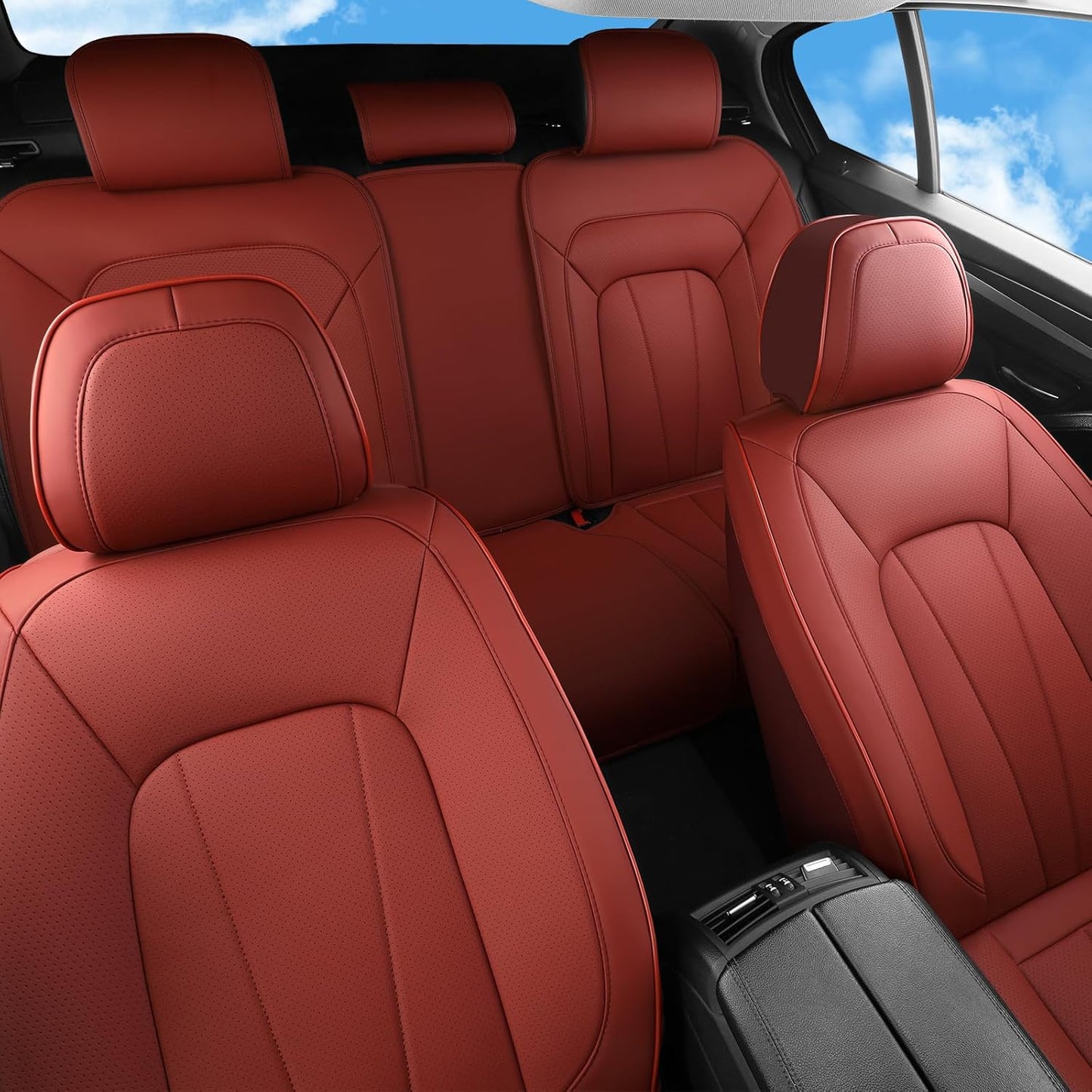 Car Seat Covers Full Set,Red Car Seat Covers,Leather Automotive Seat Covers,Breathable Waterproof Luxury Full Wrapping Edge Seat Covers Fit for Most Cars SUV and Sedans