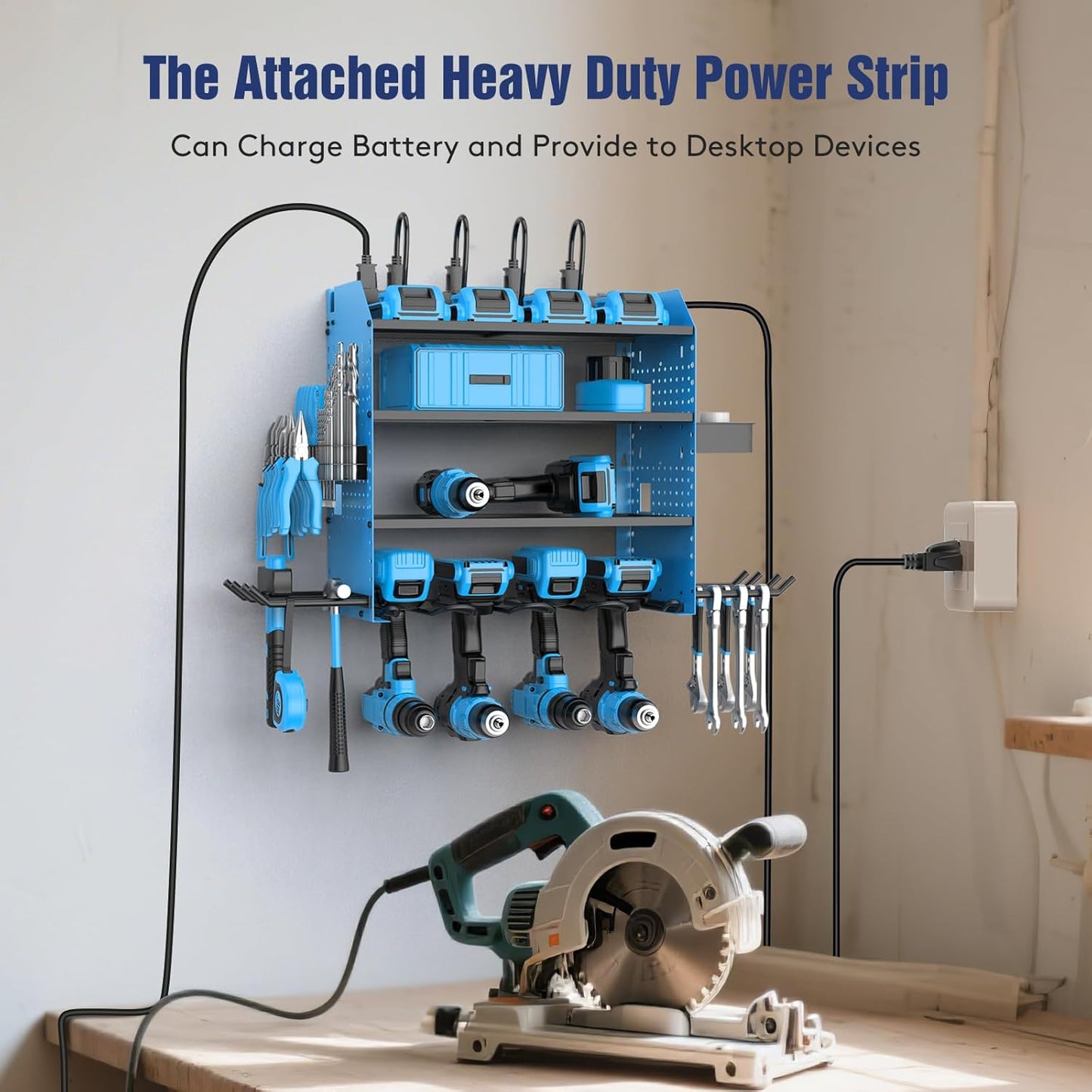 Heavy Duty Power Tool Organizer Wall Mount with Charging Station, 4 Layer Garage Storage Adjustable Shelves Height, Holds 4 Drills, 2 Hooks, Screw & Screwdriver box, Gifts for Fathers Day, Anniversary