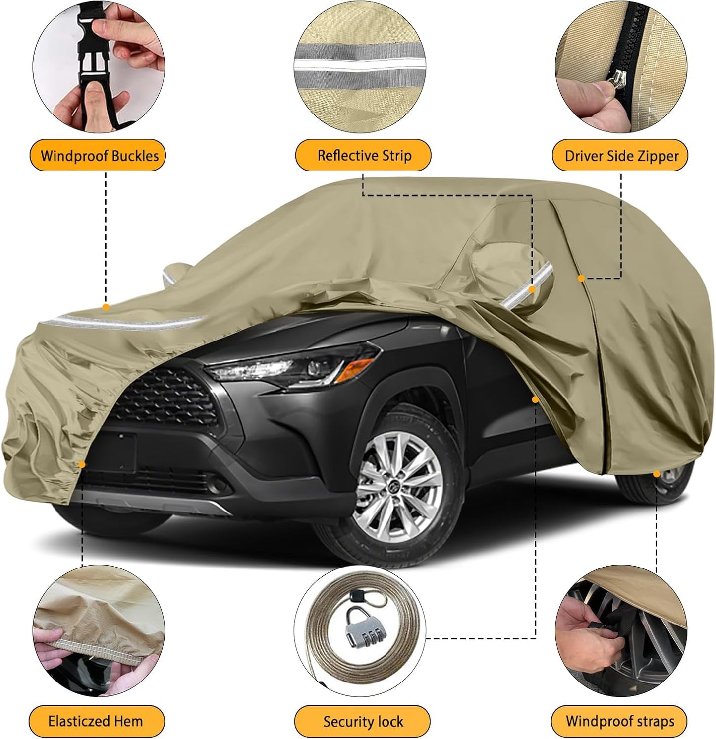 Waterproof Car Covers Replace for 2019-2025 Toyota Corolla Cross, Multilayer Heavy Duty with Cotton Liner All Weather Car Cover with Zipper Door, Windproof Bands for Snow Rain Dust Protection