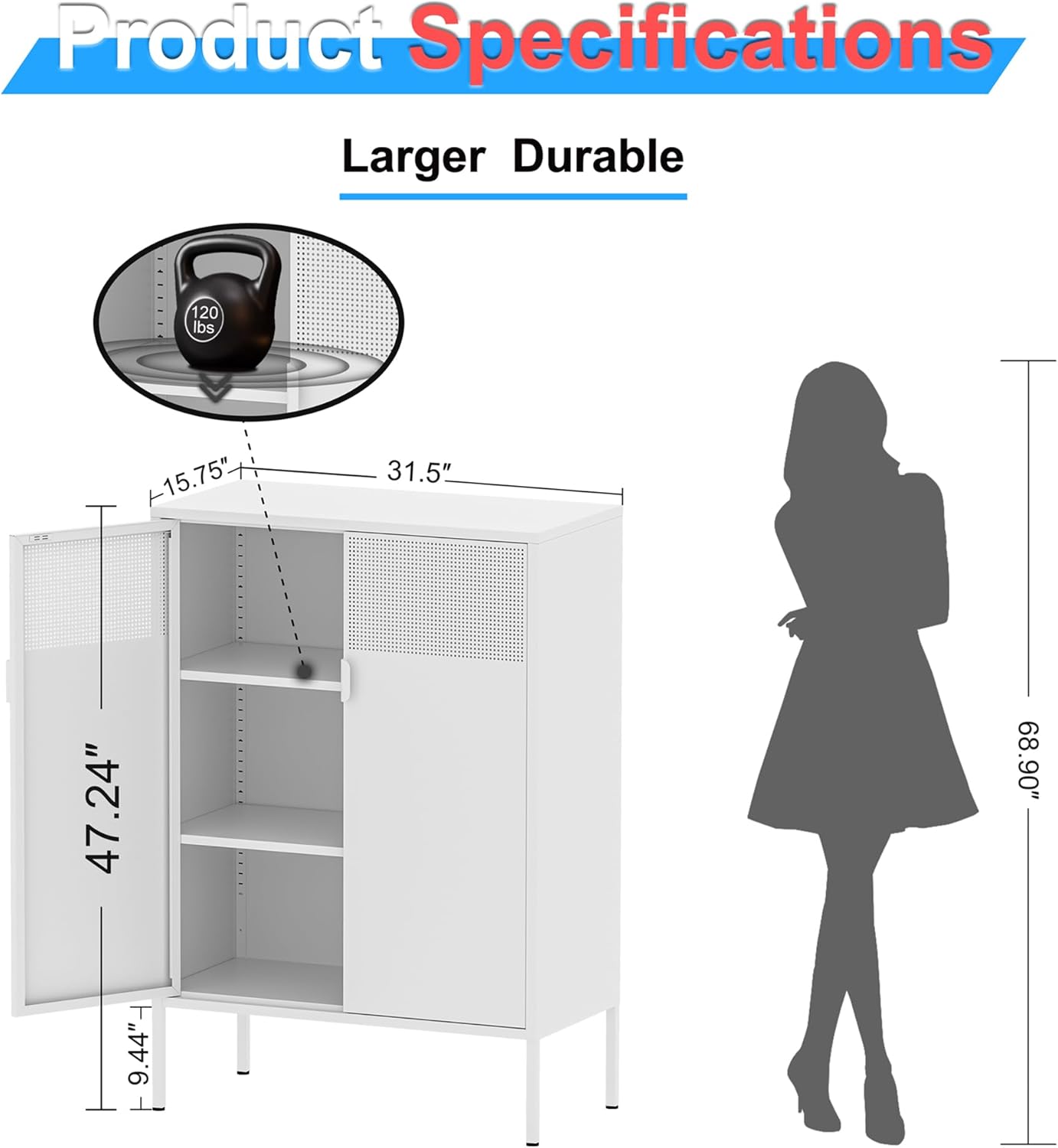 2 Mesh Door Metal Storage Cabinet with Adjustable Shelves, Multipurpose White Storage Cabinet, 3-Tier Office Cabinet,Metal Storage Cabinet for Office Home,Hallway (White, 47''H)