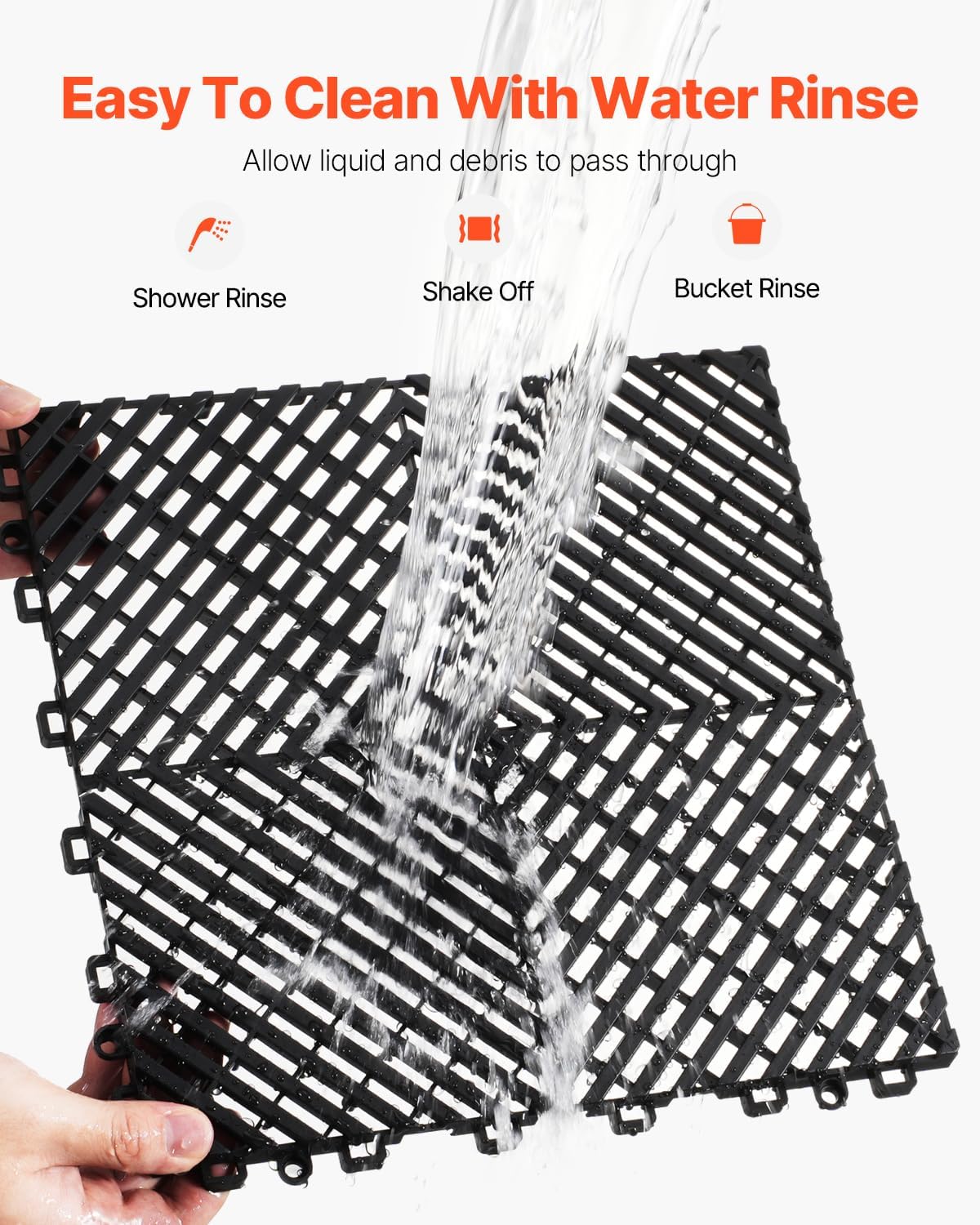 VEVOR Interlocking Drainage Mat, 12” x 12” Modular Interlocking Cushion, 24 Pcs Splicing Drainage Mats, Non-Slip Black PP Drainage Floor Tile and Shower Mat, for Garage, Garden, Kitchen & Outdoor