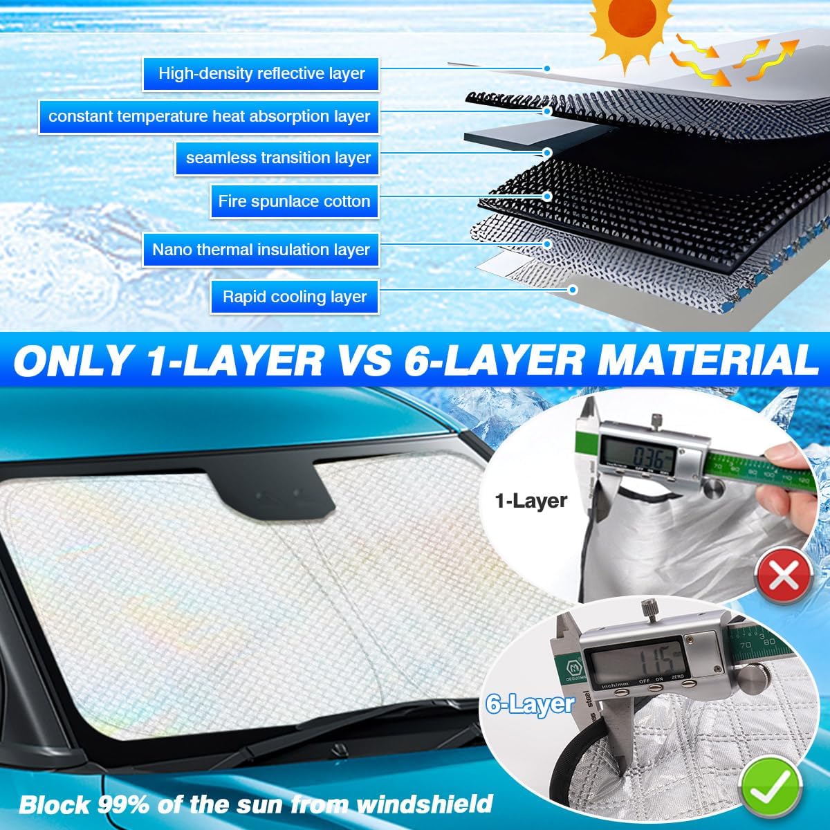 Windshield Sun Shade for Ford Maverick 2022-2025 2026 Accessories Thicken 6-Layer Front Window Sunshade Cover Sun Visor Protector Foldable Block UV Rays Keep Vehicle Cool