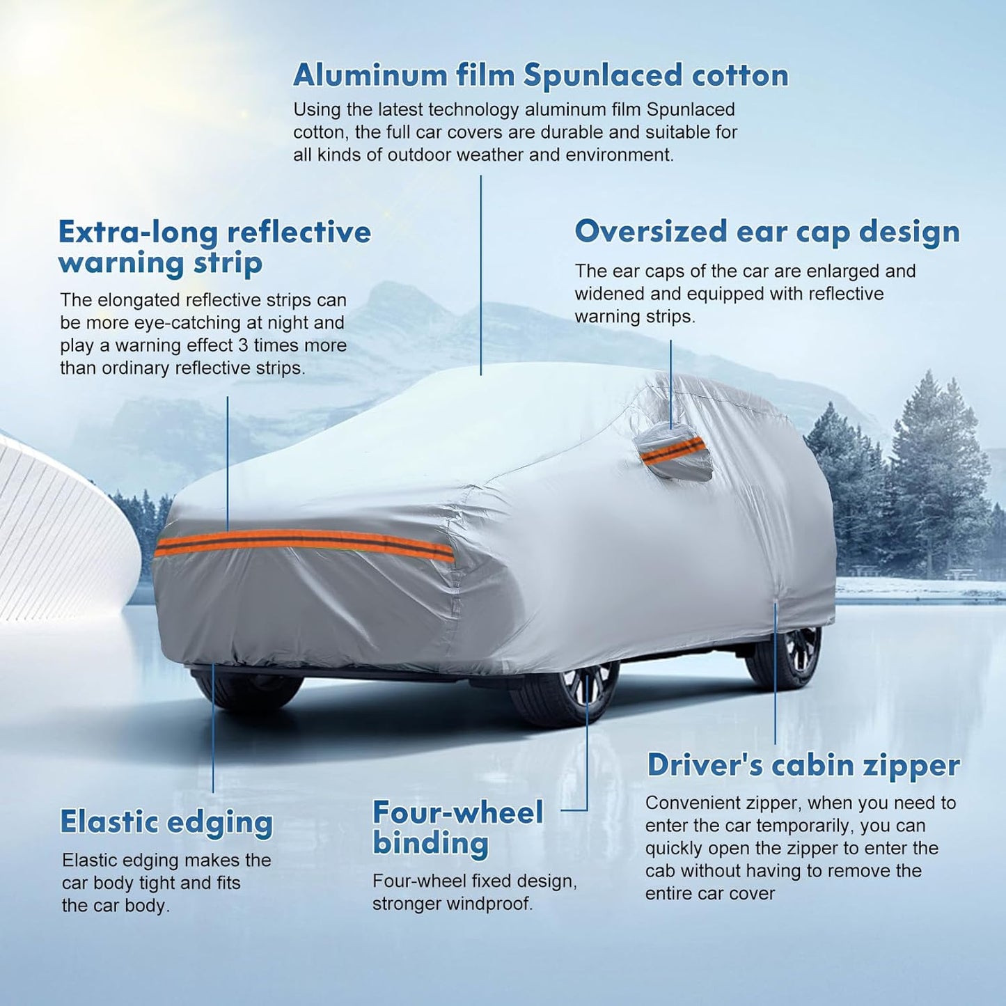 KEYOOG Fit for 188"-199" Length SUVs, 6-Layer Full Car Cover is All-Weather Waterproof, Universal in All Seasons, Snow Prevention, Rainproof, Acid Rainproof, Sunscreen, Orange Reflective Strip
