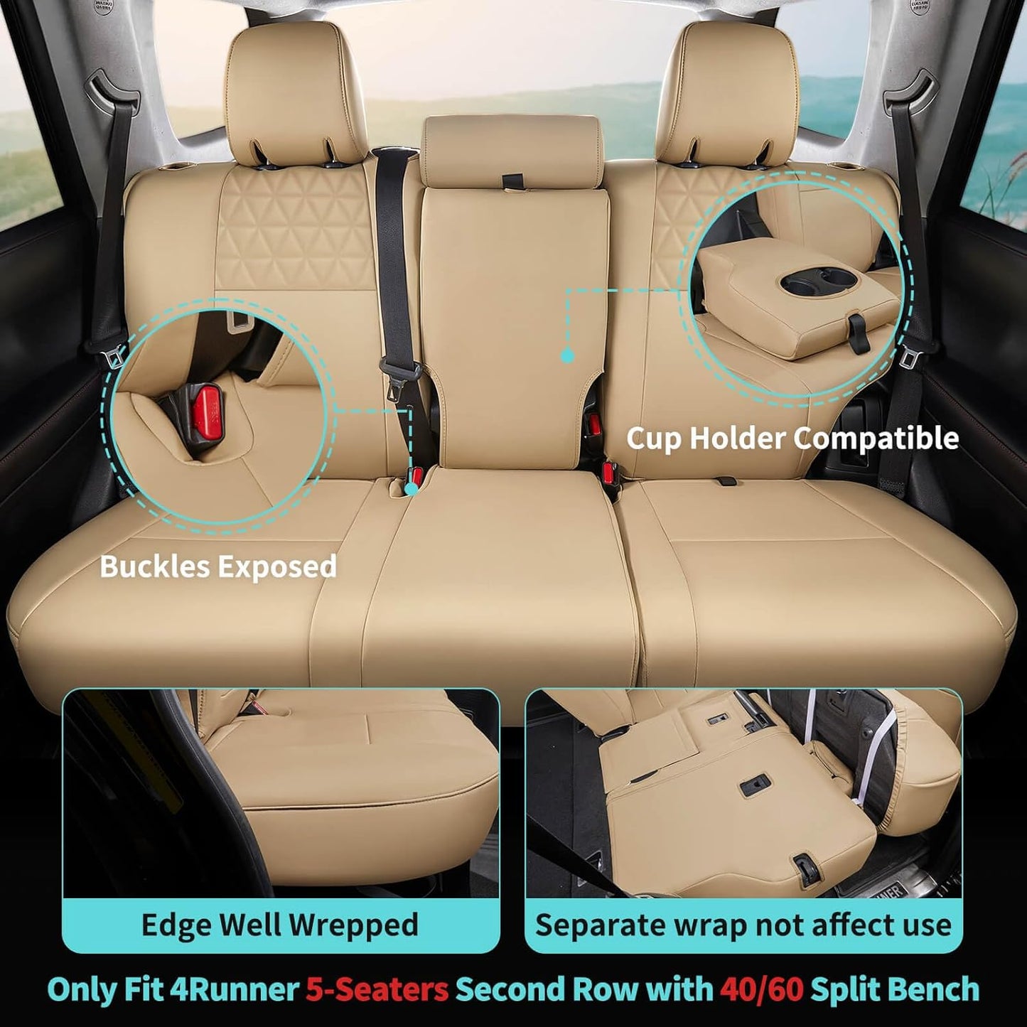 Seat Covers for Toyota 4Runner 2011-2024, Faux Leather Car Seat Cover Full Set, 2-Row-Only for 5 Seats Version-Beige