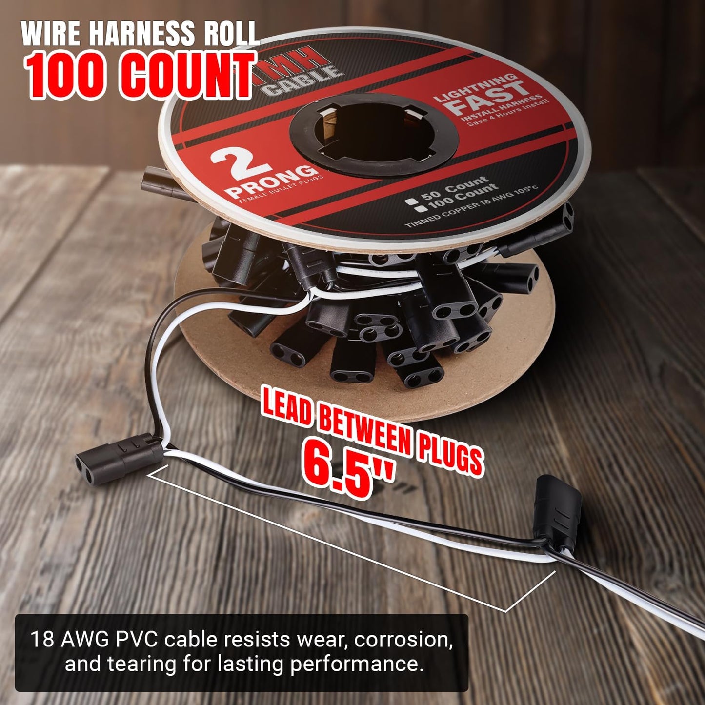 TMH 100 Count 2-Prong Wire Harness Roll Double Female Bullet Plug 18 Gauge - 6.5" Spacing for LED Marker Clearance Lights Hassle-Free Installation