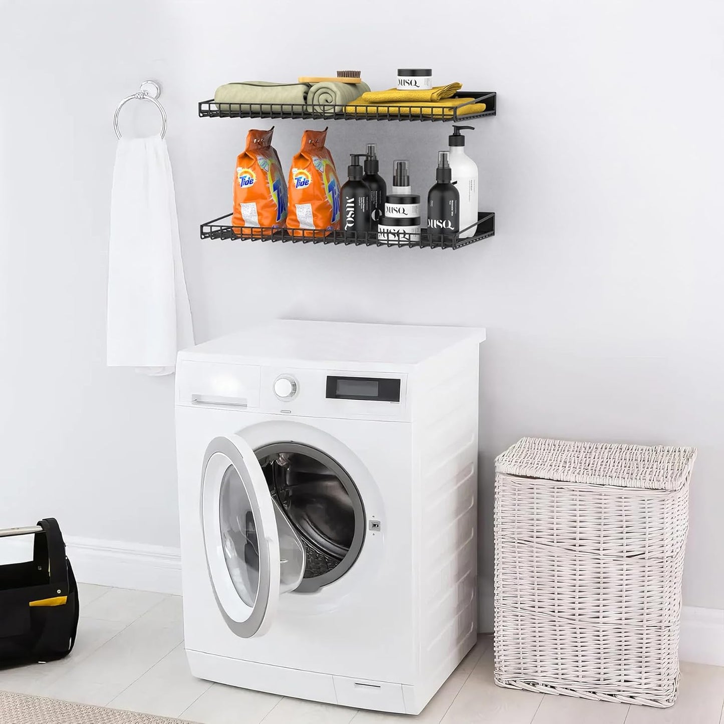 TORACK Wall-Mounted Storage Shelves, Mixed-Size Garage Shelving for Closet & Laundry Room, Heavy-Duty Wall Shelf Holds Up to 65 lbs(Black)