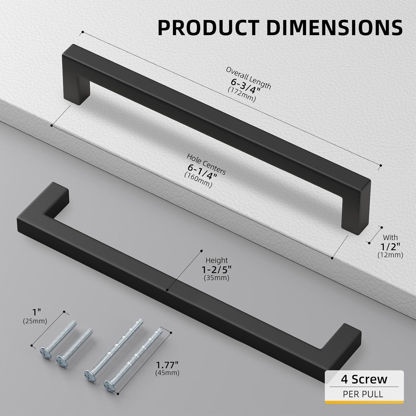 Goldenwarm 1 Pack Black Square Bar Cabinet Pull Drawer Handle Stainless Steel Modern Hardware for Kitchen and Bathroom Cabinets Cupboard,Center to Center 6-1/4in(160mm)