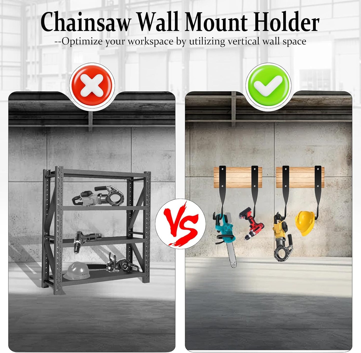 4PCS Chainsaw Wall Mount Storage Rack, Heavy-Duty Chainsaw & Tool Wall Mount Holder, Weed Eater String Trimmer Hanger, Backpack Blower Storage Hooks for Garage Organization