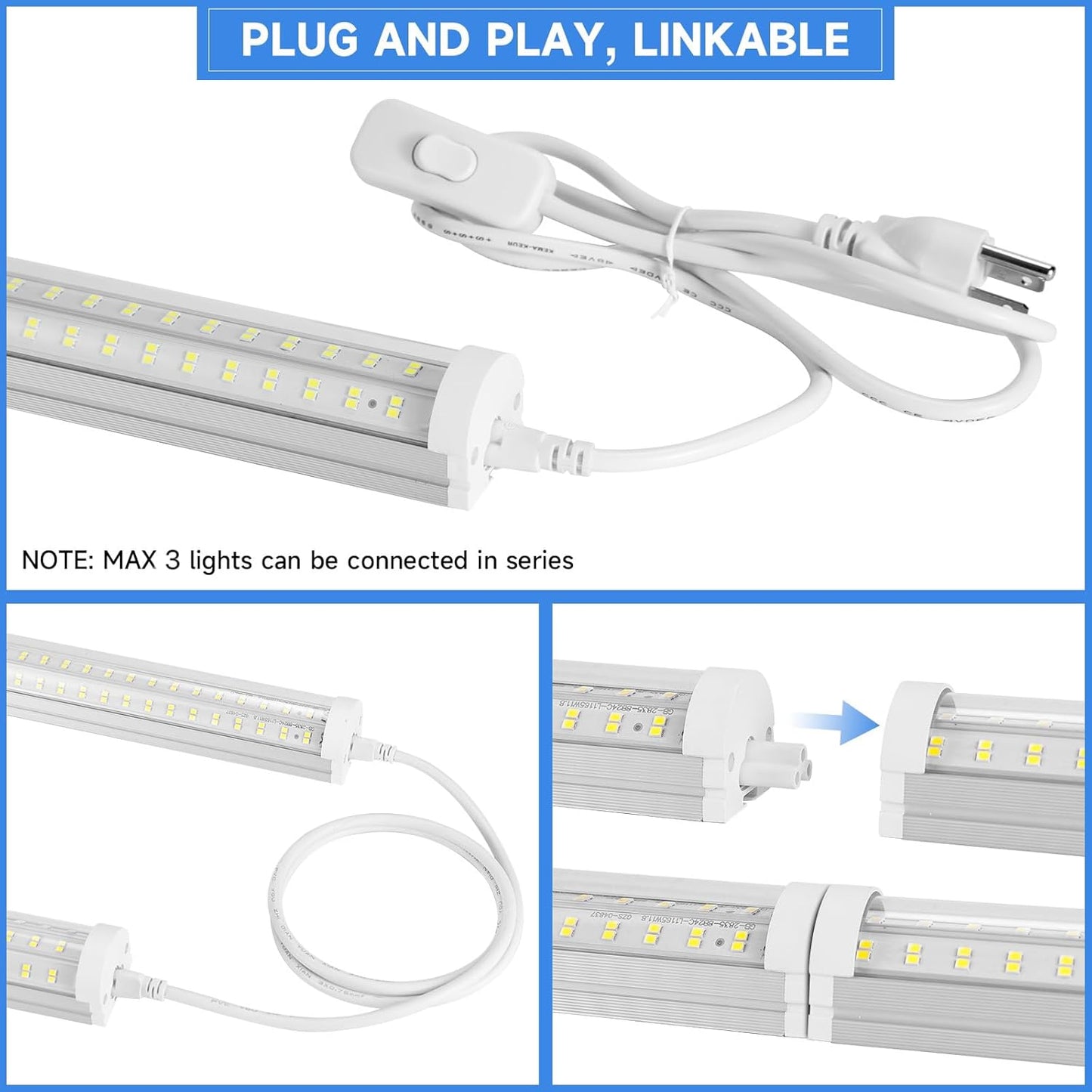 8FT U Shape 125W Integrated Tube Bright LED Light, 6500K Clear White, 20000LM - Flush Mount/Hanging Linkable LED Ceiling Lights for Garage, Plug&Play, 6 Pack